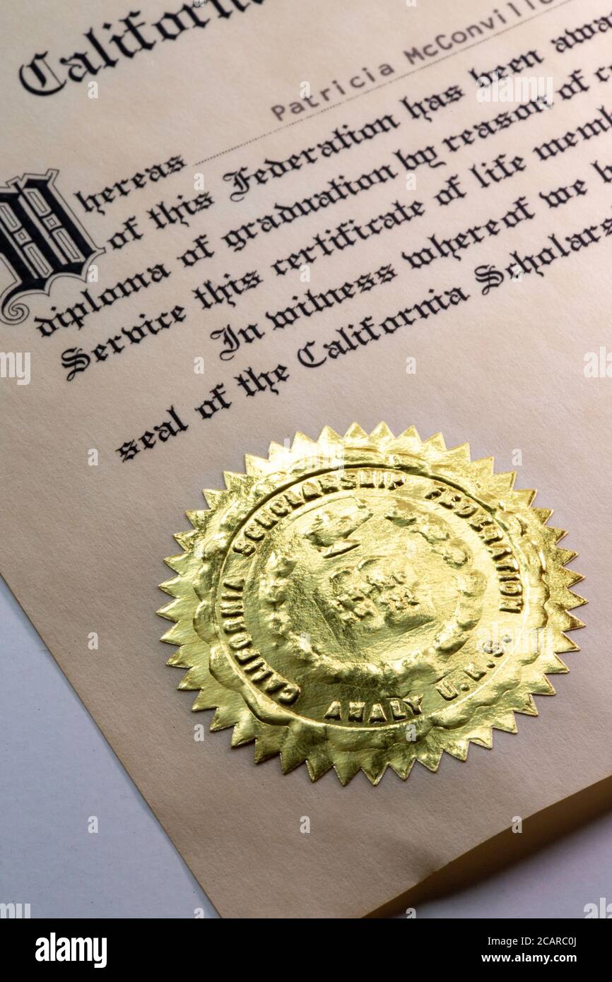 1967 Certificado de Membresía de la vida en California, EE.UU. Federación de becas Foto de stock