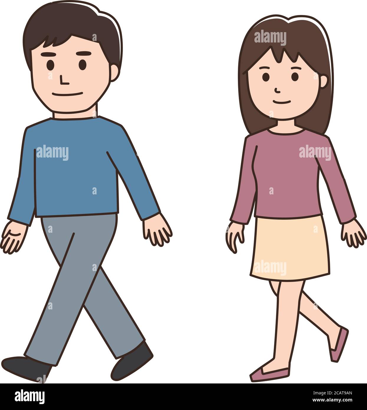 Hombre y mujer caminando animados. Ilustración vectorial aislada sobre fondo blanco. Ilustración del Vector