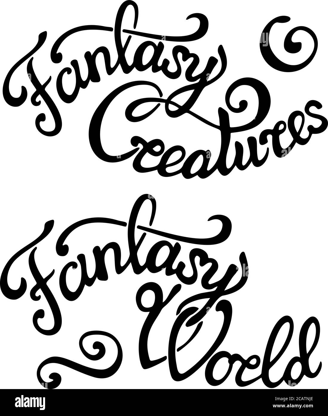 Bellas letras con texto negro mundo de fantasía y criaturas de fantasía sobre fondo blanco Ilustración del Vector