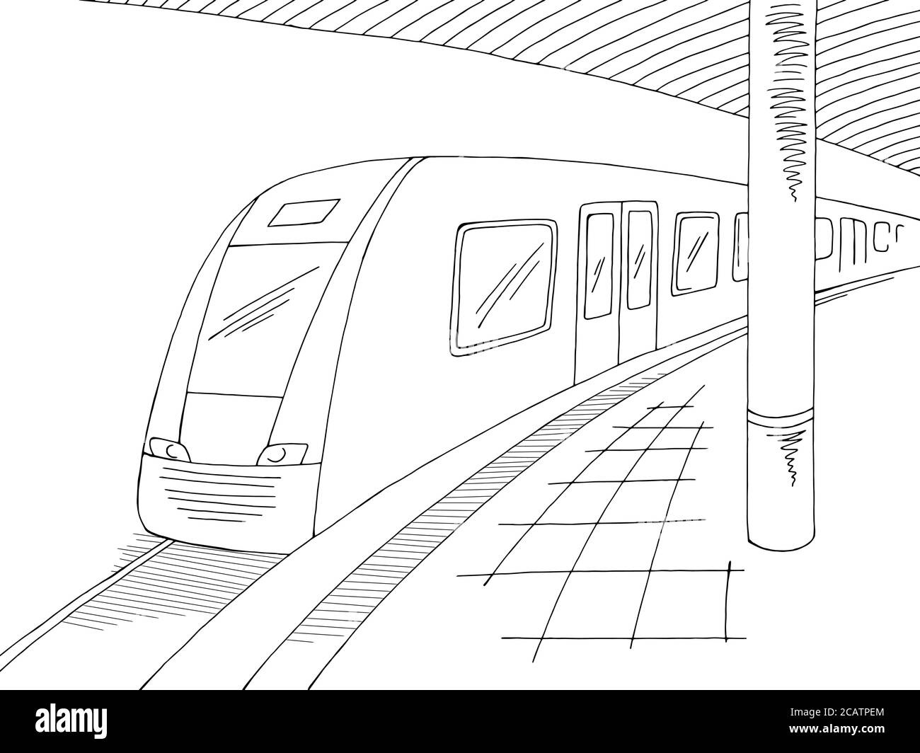 Estación de ferrocarril plataforma tren gráfico blanco negro dibujo  ilustración vector Imagen Vector de stock - Alamy