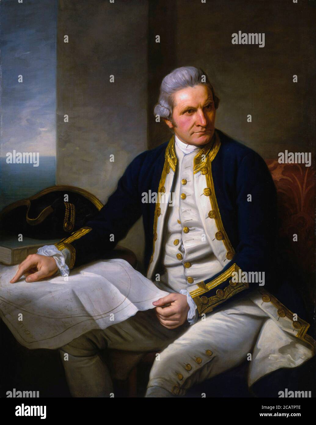 Retrato del Capitán James Cook por Sir Nathaniel Dance-Holland, óleo sobre lienzo, c. 1775, Museo Marítimo Nacional, Greenwich. El capitán James Cook FRS (7 de noviembre de 1728 – 14 de febrero de 1779) fue un explorador británico, navegante, cartógrafo y capitán de la Royal Navy británica. Foto de stock