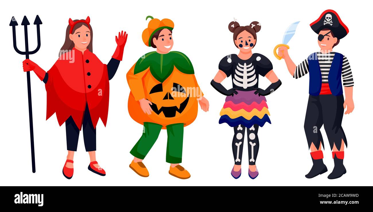 Niños en Halloween disfraces de diablo, calabaza, esqueleto y pirata. Dibujo  de personajes de dibujos animados planos vectoriales niños y niñas. Los  niños adorables celebran las vacaciones Imagen Vector de stock -