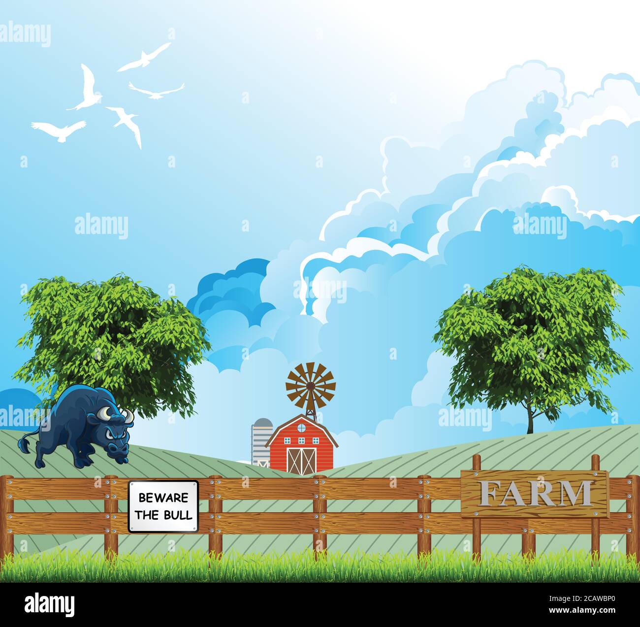Ten cuidado con la señal de toro en la valla de madera con un bullock de aspecto enojado en el campo contra un cielo azul nublado Ilustración del Vector