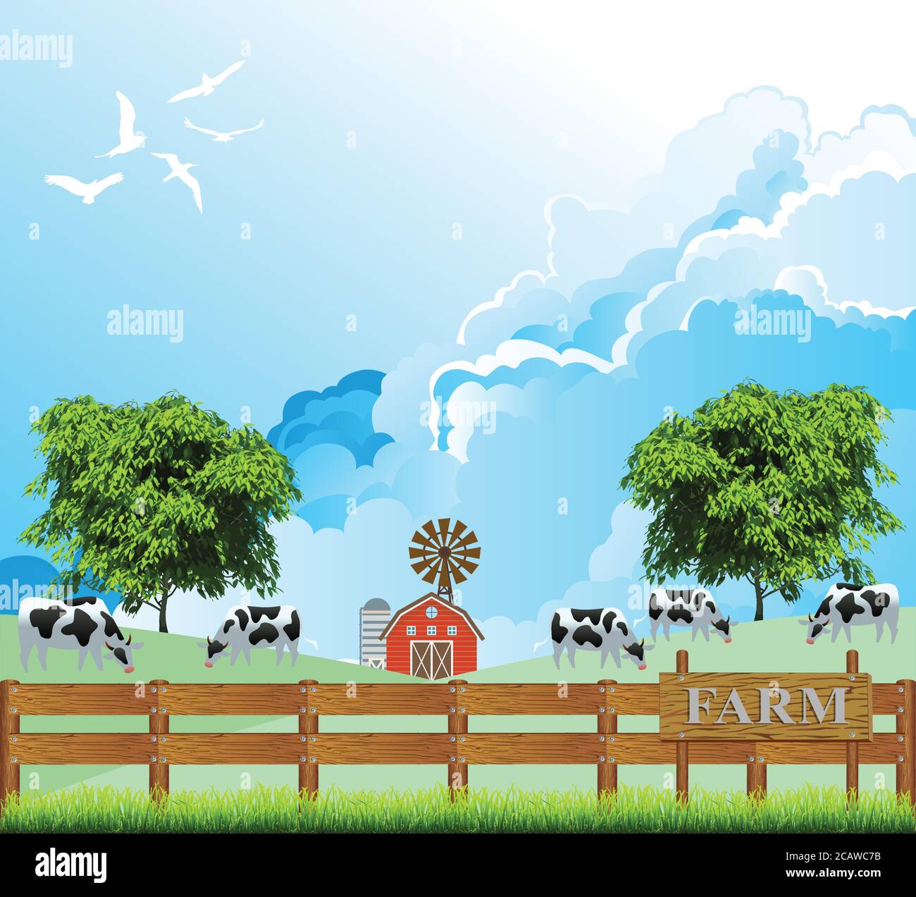 Pintoresca escena rural con una manada de vacas pastando en el campo de pasto contra un cielo azul nublado Ilustración del Vector