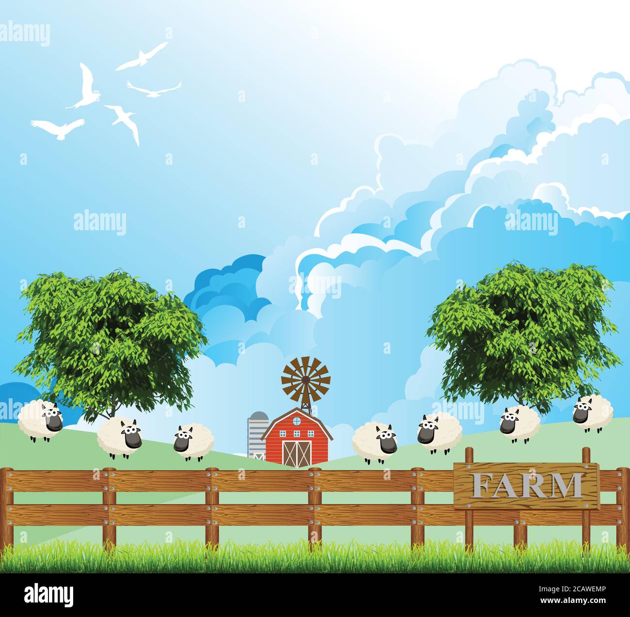 Pintoresca escena rural con un rebaño de ovejas en el campo de pasto contra un cielo azul nublado Ilustración del Vector
