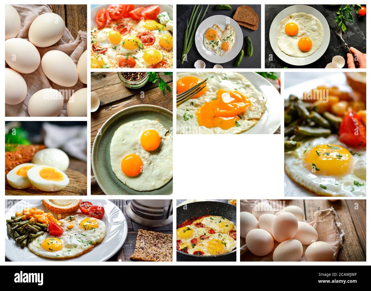 Collage de varios platos. Un menú variado de huevos de pollo. Tortilla de huevos fritos. Collage de comida. Espacio libre para texto Foto de stock