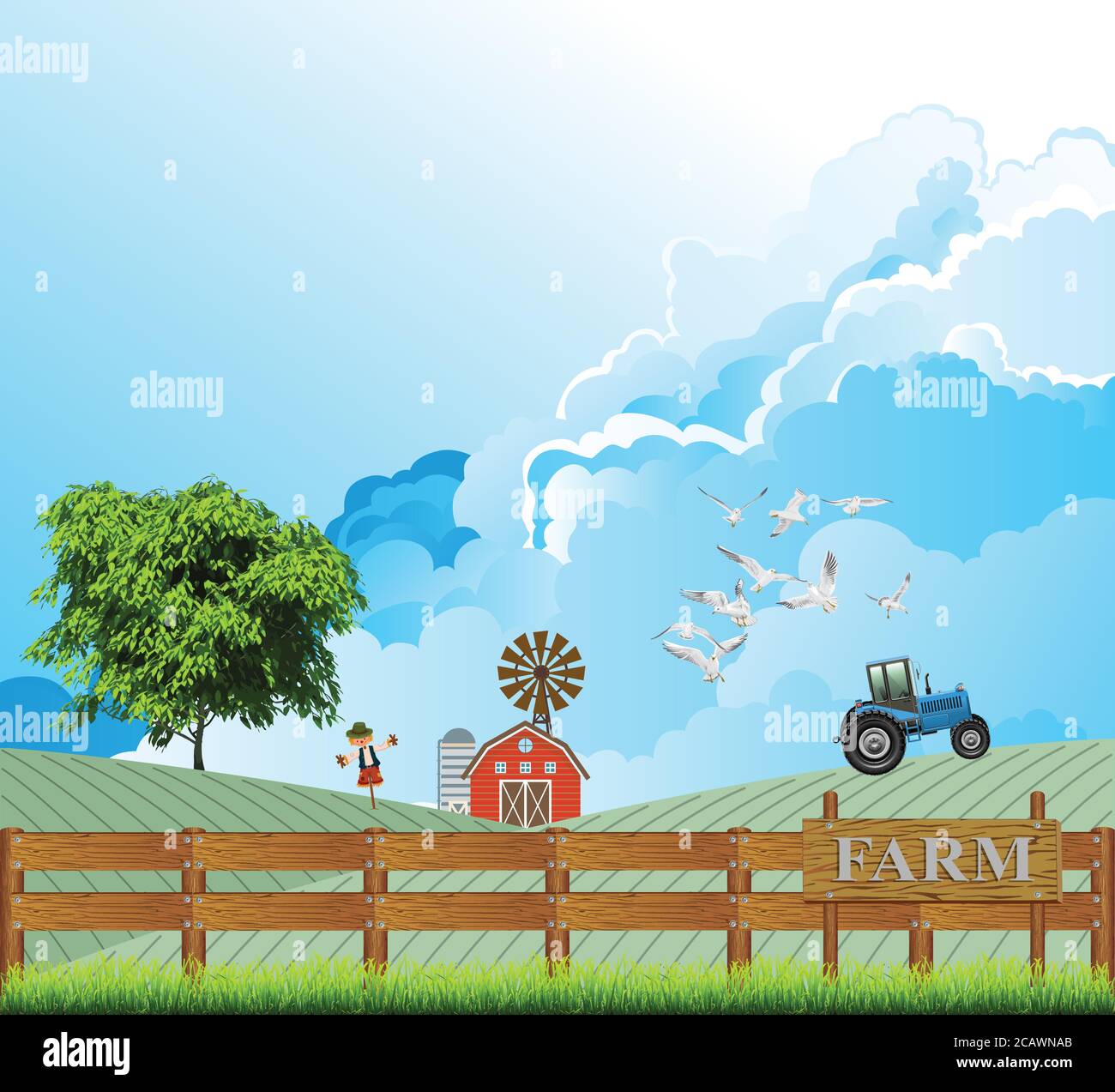 Pintoresca escena rural con tractor trabajando en una granja con gaviotas volando cerca del vehículo contra un cielo azul nublado Ilustración del Vector