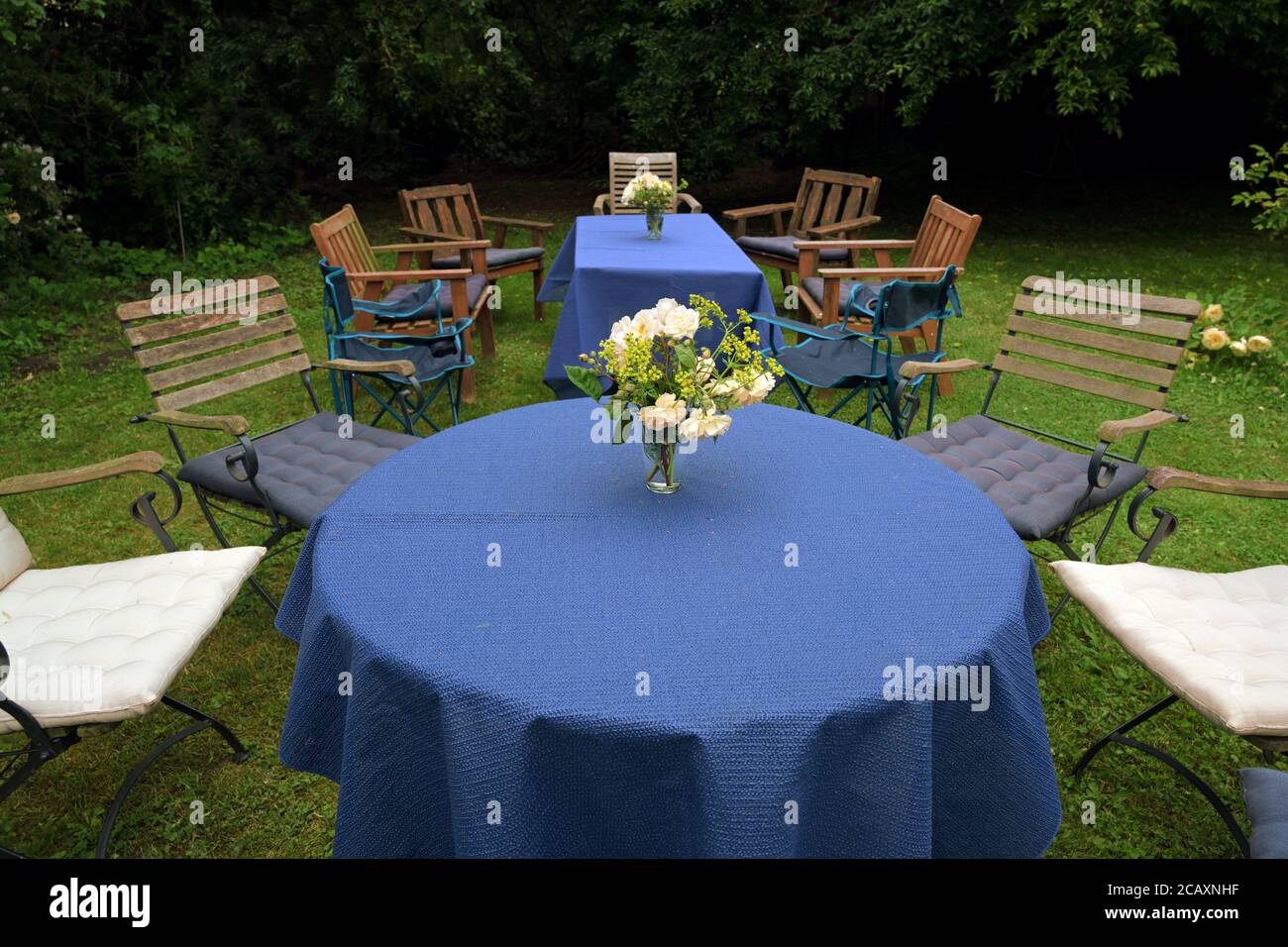 Establecer para una fiesta de jardín familiar con mesas, manteles azules y diferentes sillas en el césped en un patio trasero rural, enfoque seleccionado Foto de stock