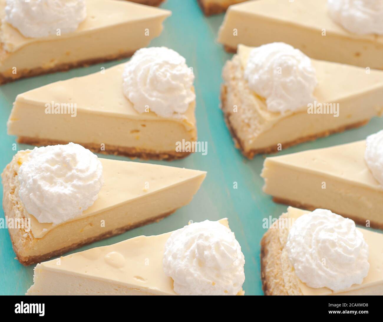 patrón de tarta de queso, porciones de tarta de queso en una vista superior de fondo azul Foto de stock