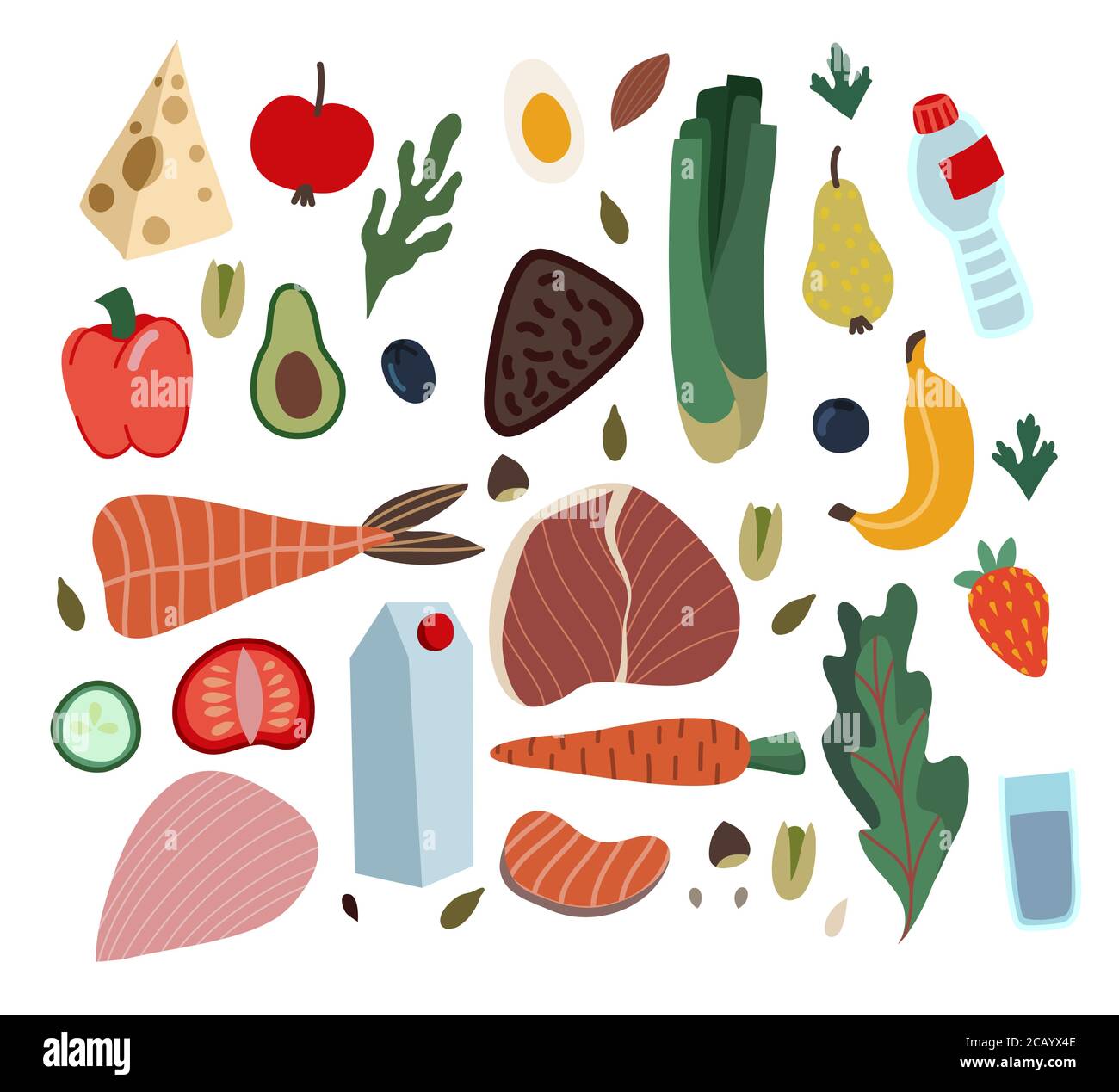 Conjunto de alimentos saludables como comida, verduras y frutas.  Ilustración plana de dibujos animados vectoriales Imagen Vector de stock -  Alamy