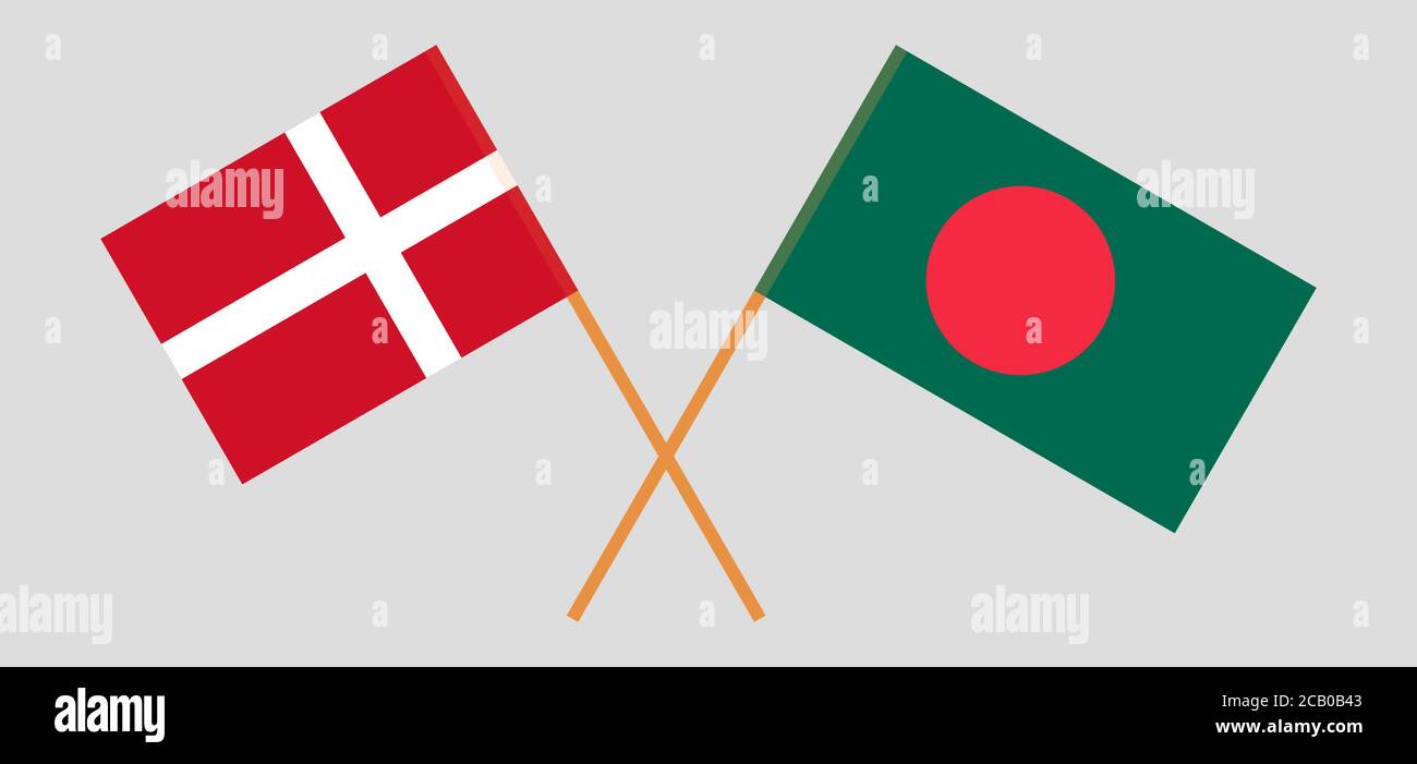 Banderas cruzadas de Bangladesh y Dinamarca. Colores oficiales. Proporción correcta. Ilustración vectorial Ilustración del Vector