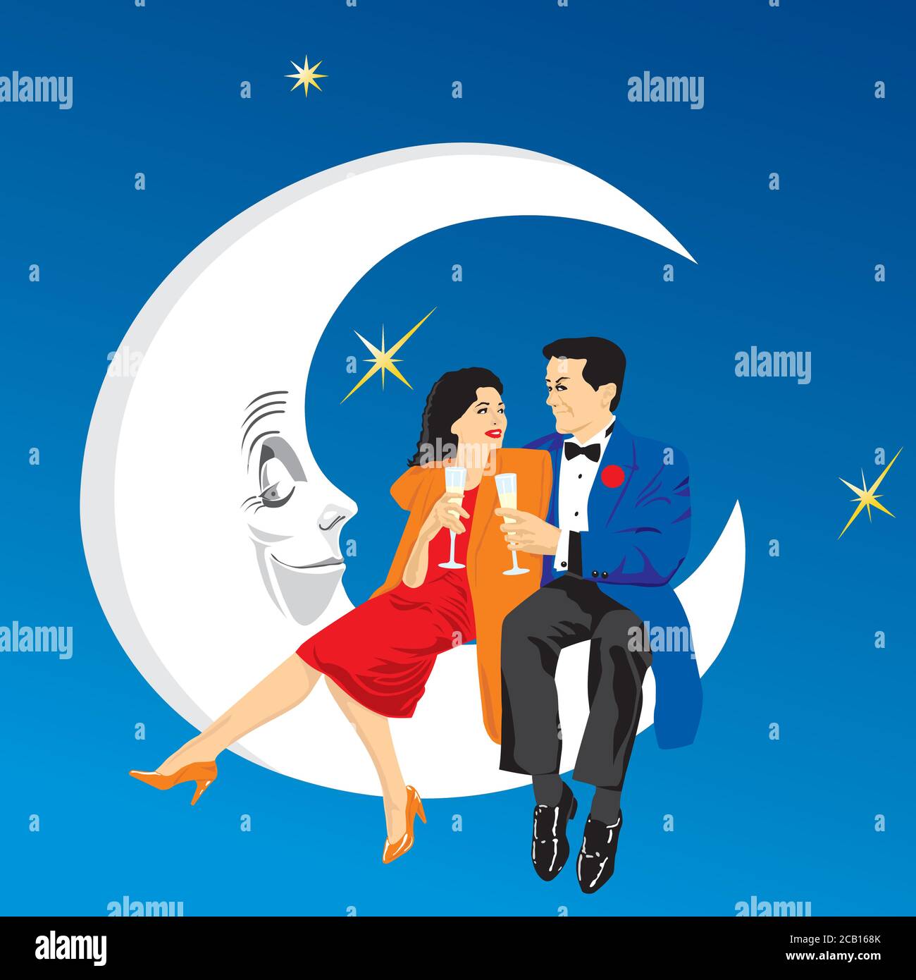 Letras de feliz día de san valentín con pareja amorosa y luna sobre fondo  azul. la ilustración de san valentín con un hombre y una mujer enamorados  se puede utilizar para el