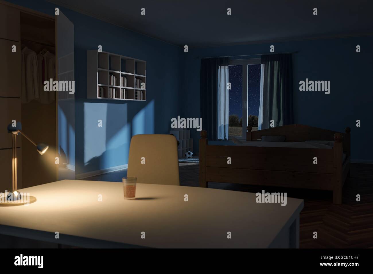 reproducción en 3d de la habitación por la noche con lámpara de escritorio brillante Foto de stock
