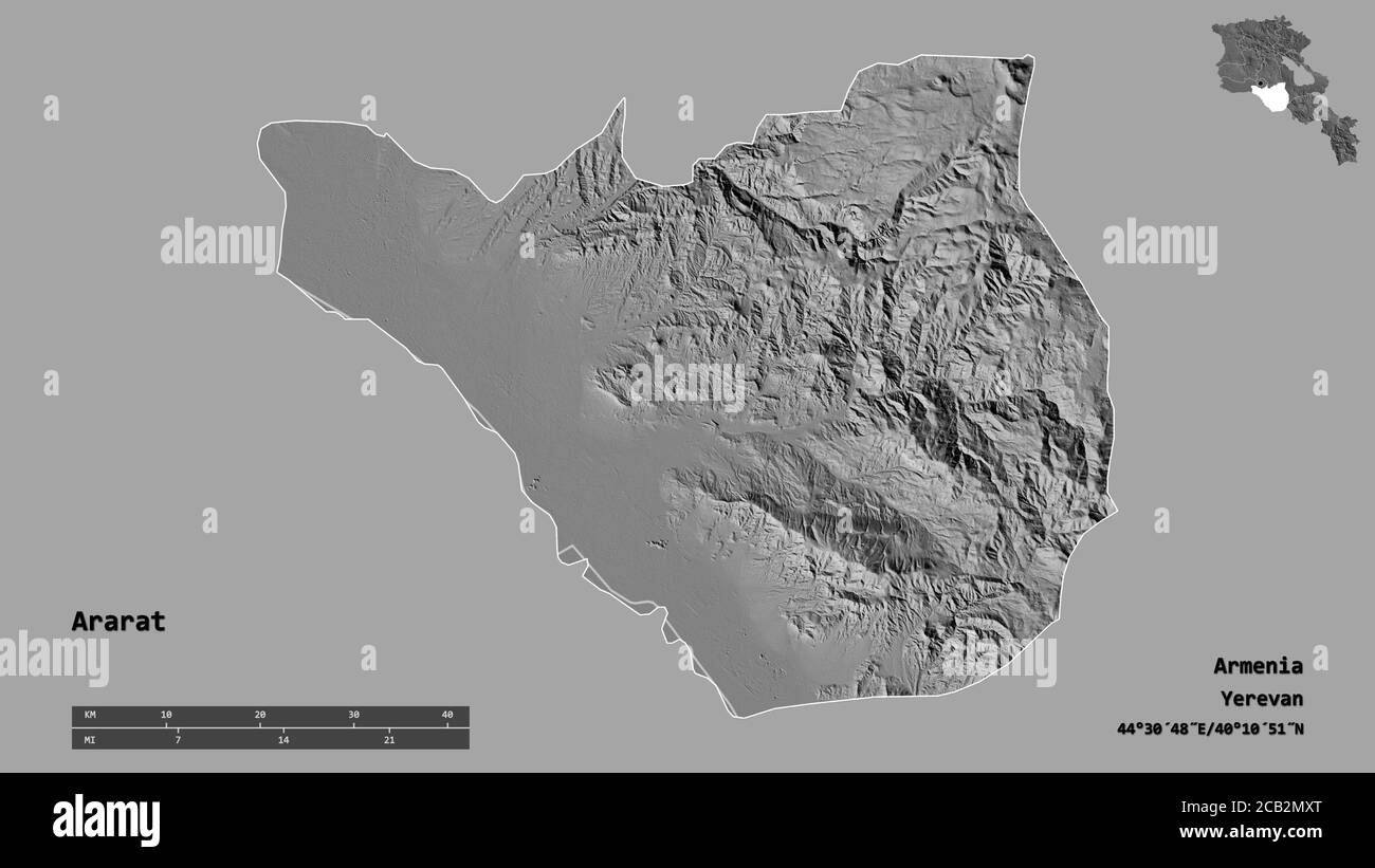 Forma de Ararat, provincia de Armenia, con su capital aislada sobre fondo sólido. Escala de