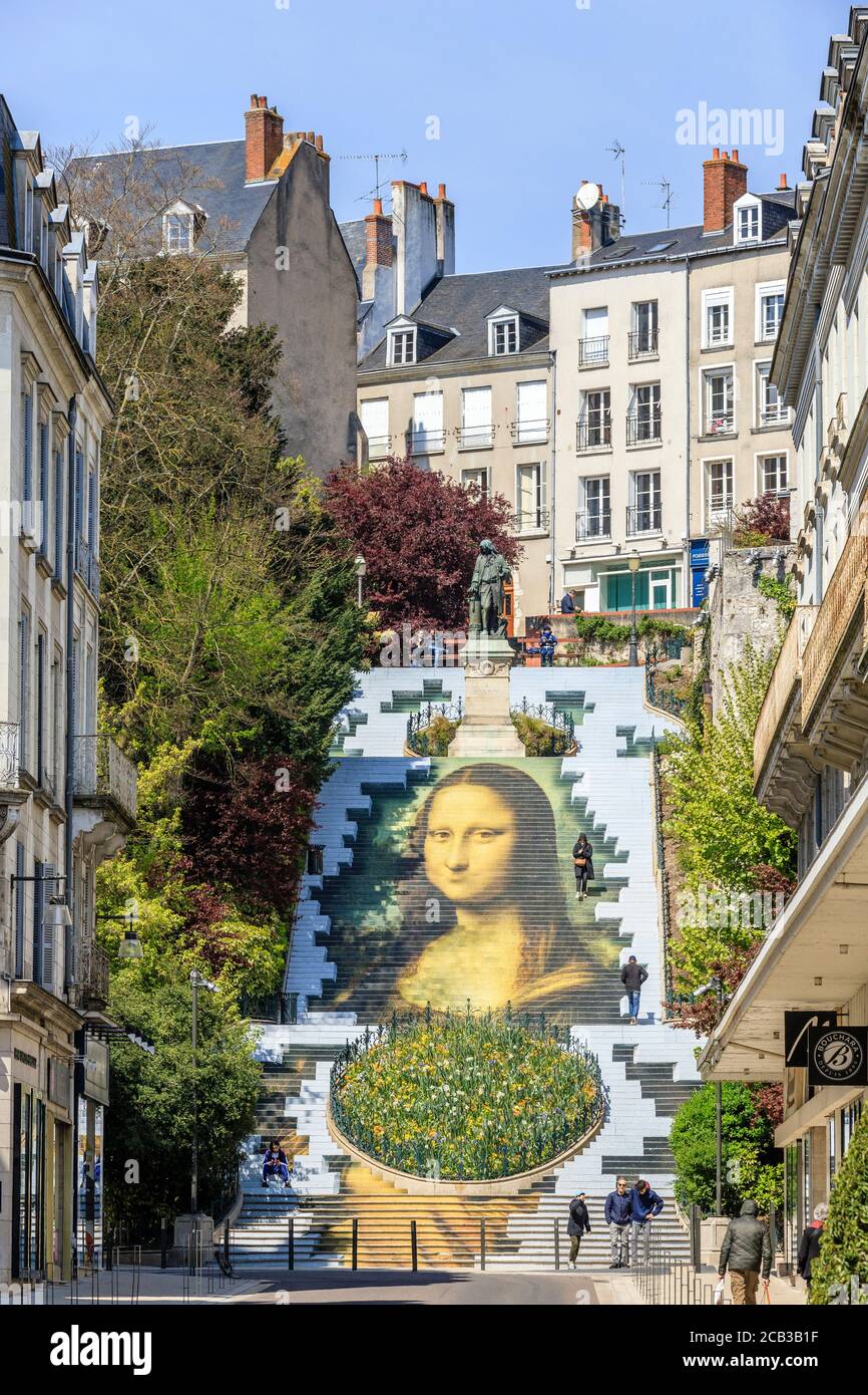 Francia, Loir et Cher, Valle del Loira catalogado como Patrimonio de la Humanidad por la UNESCO, Blois, reproducción monumental en trompe-l'oeil del retrato de Mona Lisa o. Foto de stock