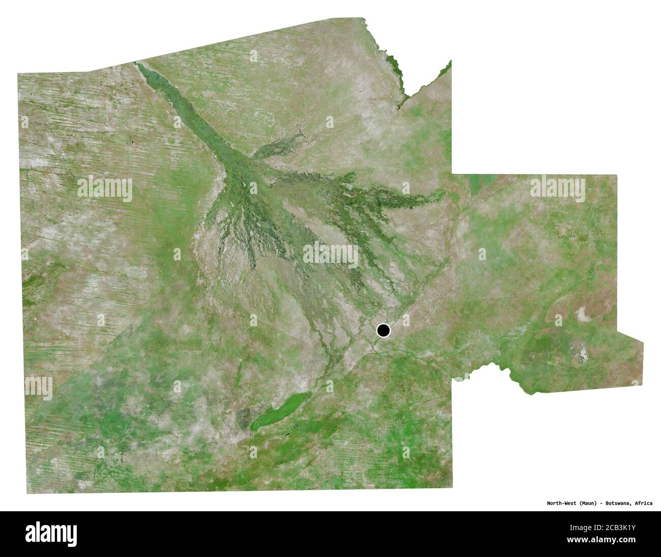 Forma del noroeste, distrito de Botswana, con su capital aislada sobre fondo blanco. Imágenes por satélite. Renderizado en 3D Foto de stock