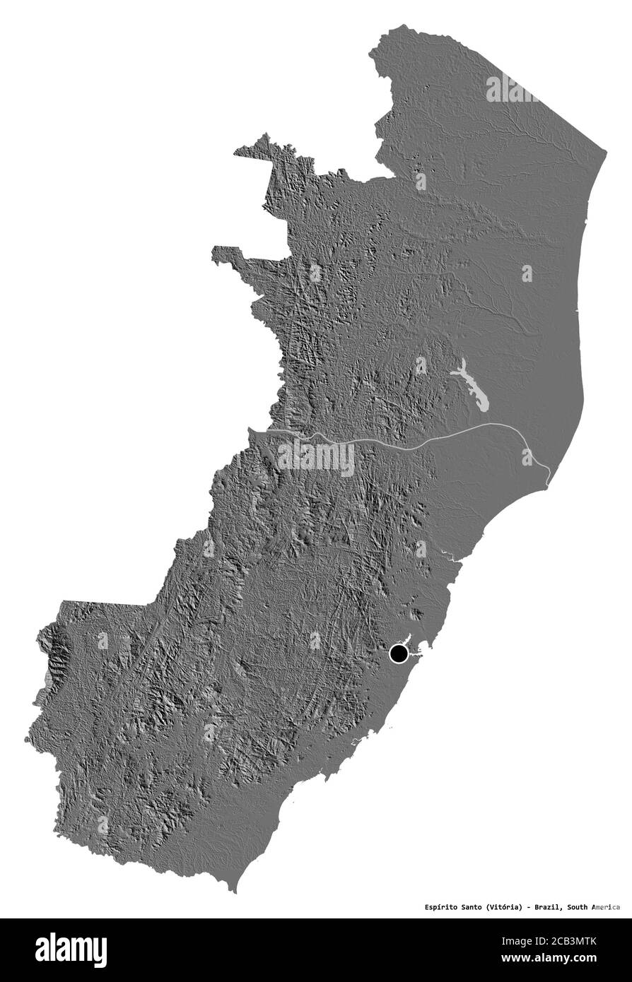 Forma de Espírito Santo, estado de Brasil, con su capital aislada sobre fondo blanco. Mapa de elevación en dos niveles. Renderizado en 3D Foto de stock