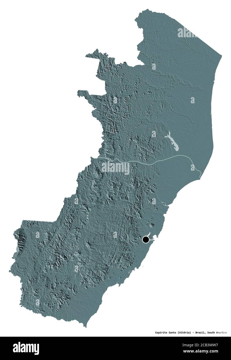 Forma de Espírito Santo, estado de Brasil, con su capital aislada sobre fondo blanco. Mapa de altura en color. Renderizado en 3D Foto de stock