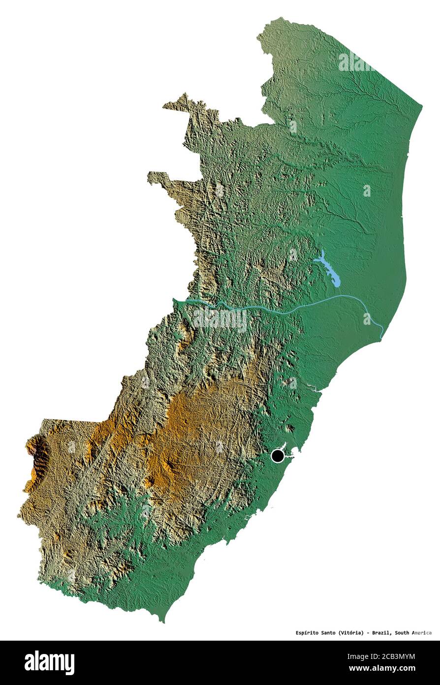 Forma de Espírito Santo, estado de Brasil, con su capital aislada sobre fondo blanco. Mapa topográfico de relieve. Renderizado en 3D Foto de stock