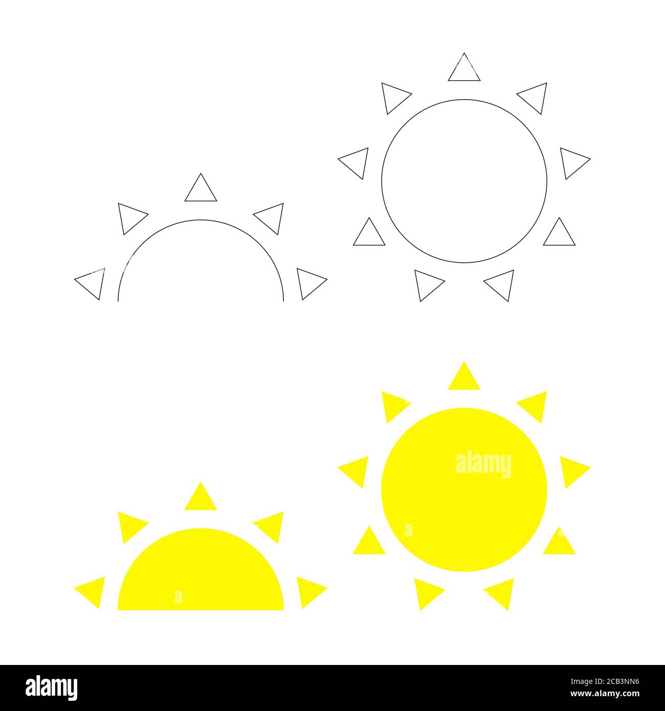 Contorno del icono de sol completo y reducido a la mitad. Amanecer al  atardecer. Símbolo de vector de sol Imagen Vector de stock - Alamy