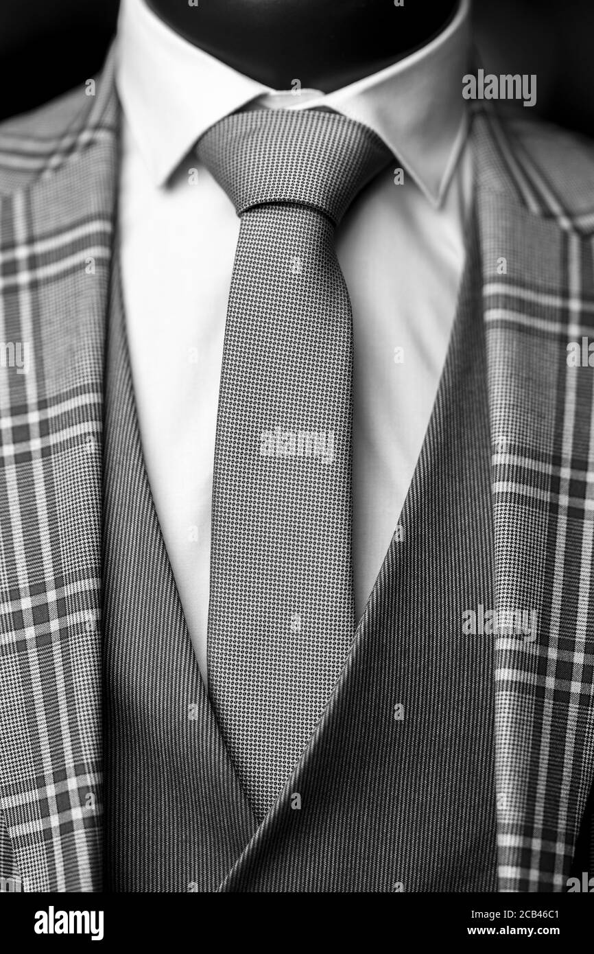 Primer plano vertical de un elegante traje formal con una camisa blanca,  corbata gris y blazer estampado Fotografía de stock - Alamy