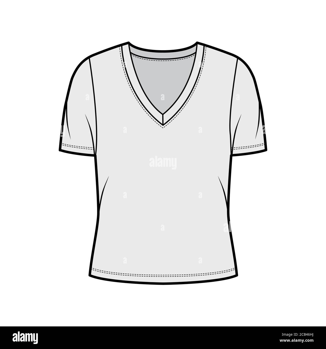 Camiseta de punto de escote pronunciado en pico ilustración técnica de moda con mangas cortas, cuerpo de gran Flat Top plantilla de ropa frontal, color gris. Mujeres, unisex traje
