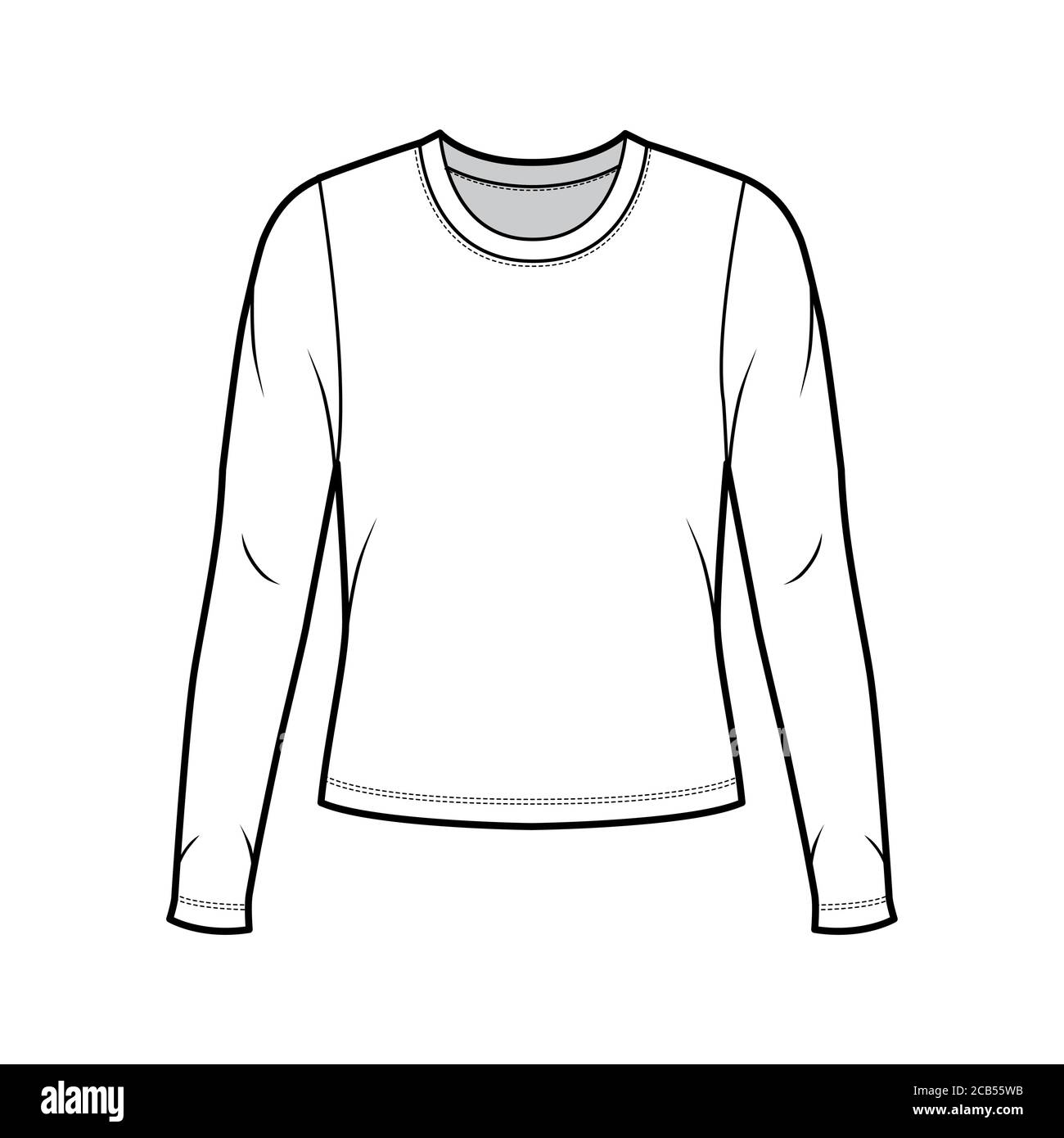 Suéter de punto de cuello redondo ilustración técnica de moda con mangas  largas, cuerpo de gran tamaño. Ropa de vestir plantilla frontal color  blanco. Mujer hombres unisex camisa top CAD mascup Imagen