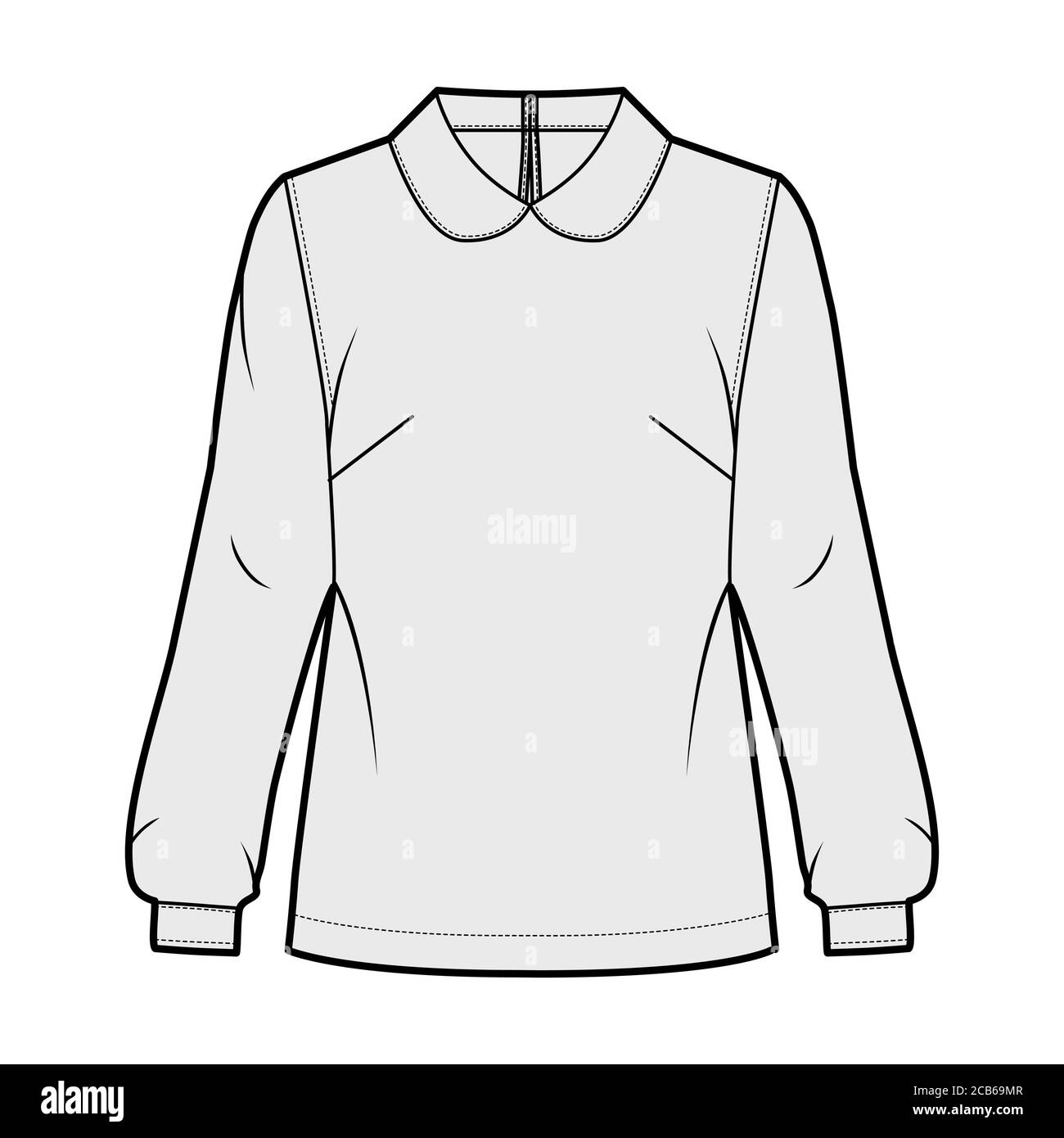 Blusa de cuello redondo ilustración técnica de moda con silueta suelta, manga  larga de camisa, cierre abotonado en la parte trasera keyhole. Plantilla de  indumentaria plana en la parte delantera, color gris.