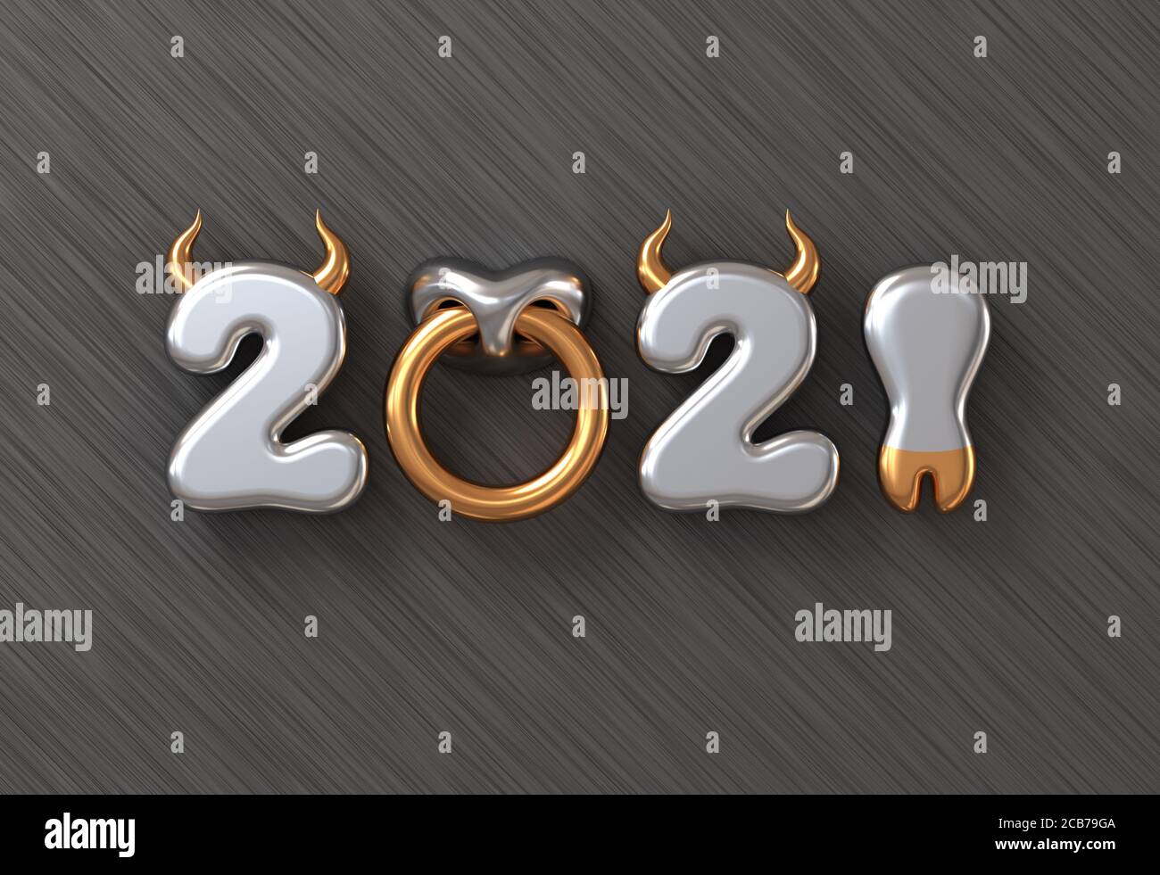 2021 con números como cuernos de Toro, Hoof y Nose Ring sobre fondo metálico. Concepto de año Nuevo Chino del Ox. Ilustración 3D. Foto de stock