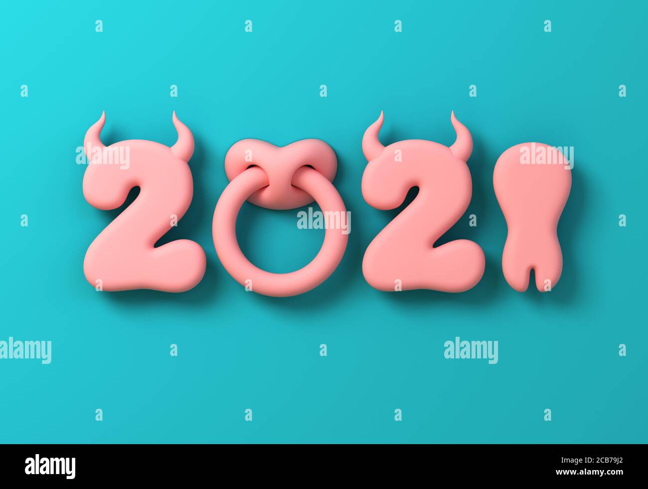 2021 con números como cuernos de Toro, Hoof y Nose Ring sobre fondo azul. Concepto de año Nuevo Chino del Ox. Ilustración 3D. Foto de stock