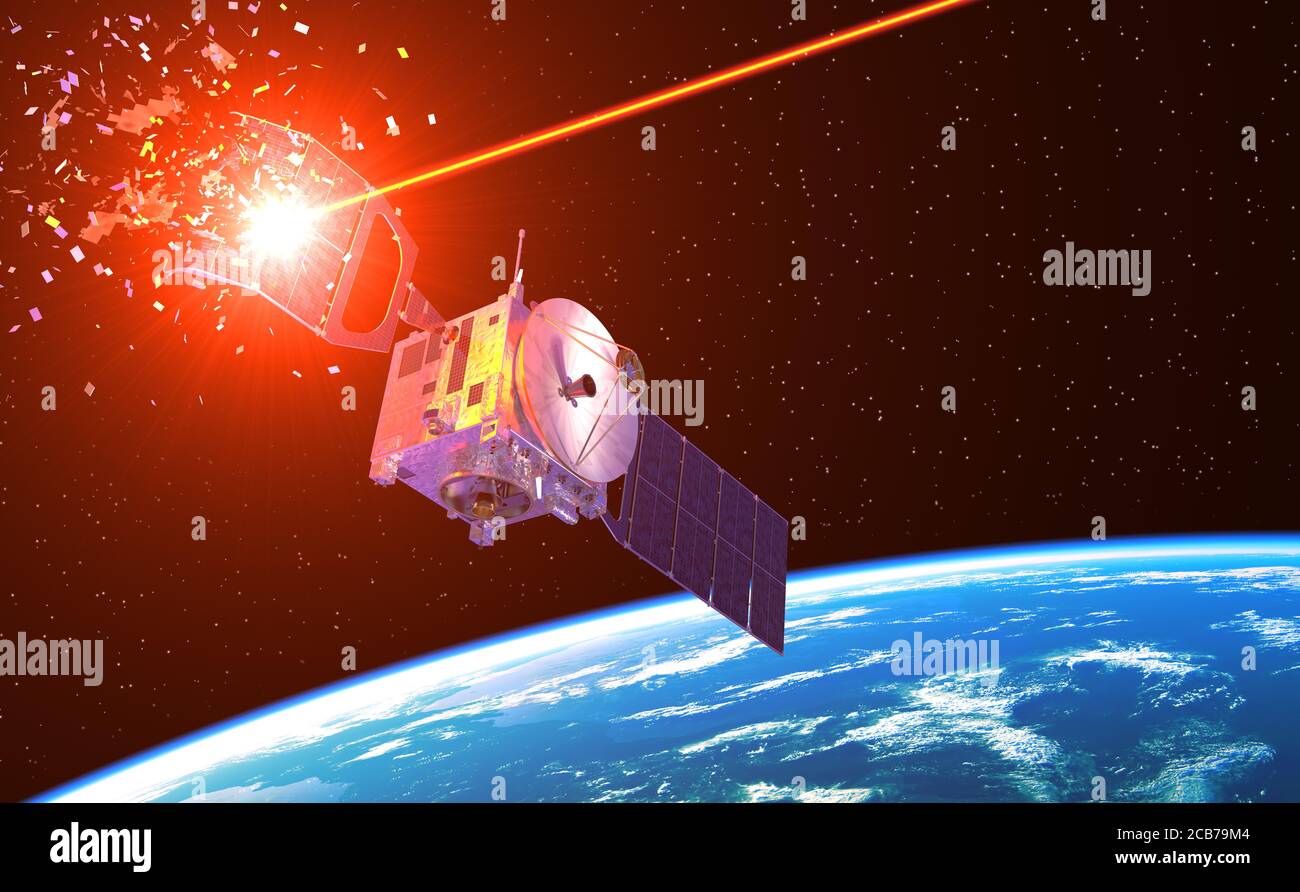 El arma láser destruye el satélite en el espacio exterior. Ilustración 3D. Foto de stock