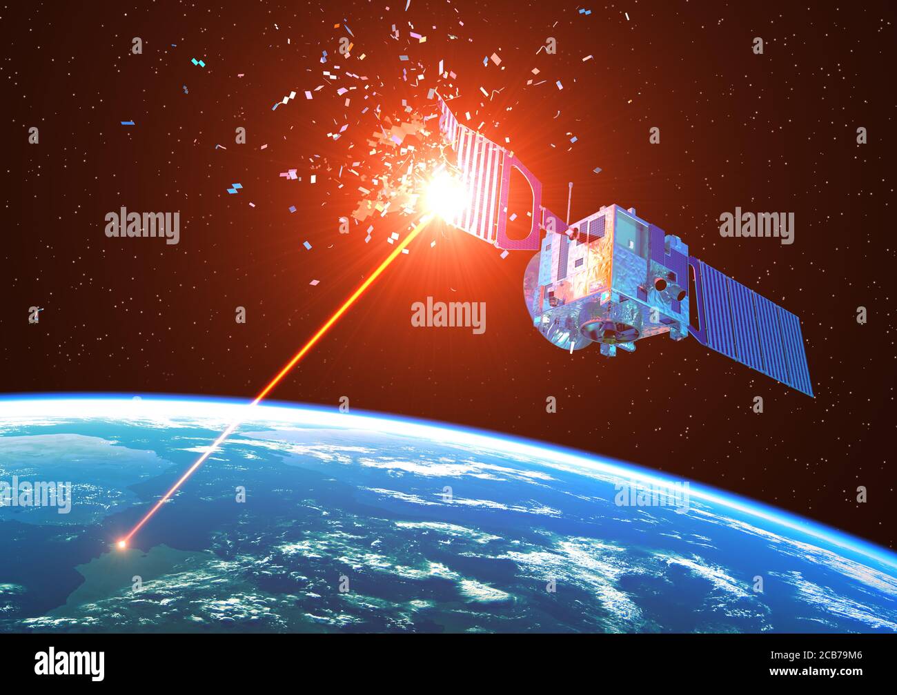 El arma láser de la Tierra destruye el satélite en el espacio. Ilustración 3D. Foto de stock