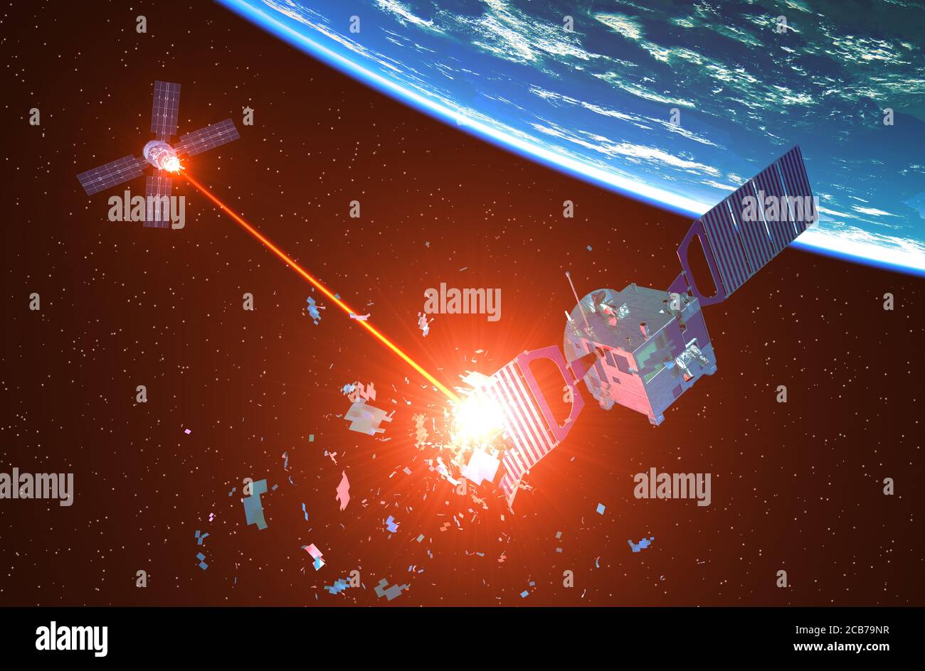 La nave espacial militar dispara un satélite enemigo con un rayo láser. Ilustración 3D. Foto de stock