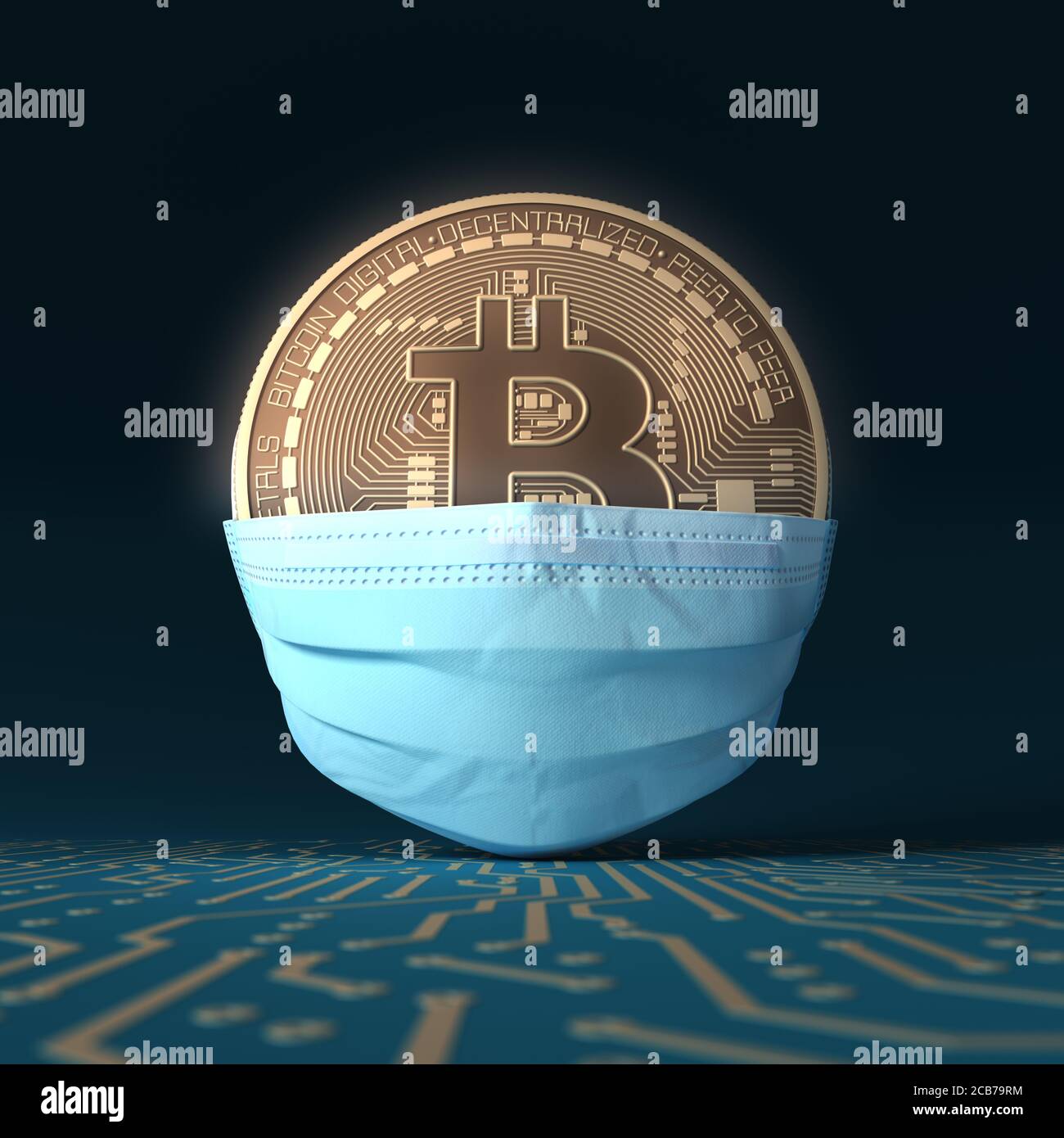 Moneda virtual Bitcoin en máscara médica. Concepto de Protección de Bitcoin. Ilustración 3D. Foto de stock