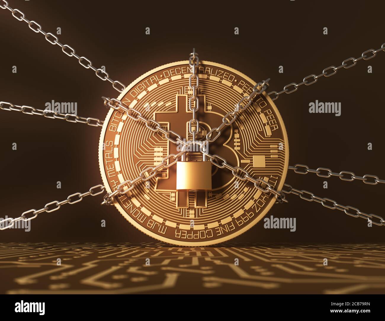 Bitcoin bloqueado con cadenas en placa de circuito impreso. Ilustración 3D. Foto de stock