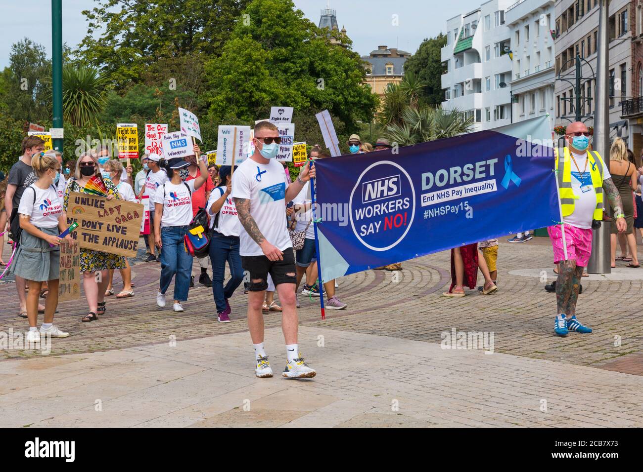 Los trabajadores de Dorset NHS dicen "no" a la desigualdad del sector público protesta pacífica en Bournemouth, Dorset Reino Unido en agosto Foto de stock