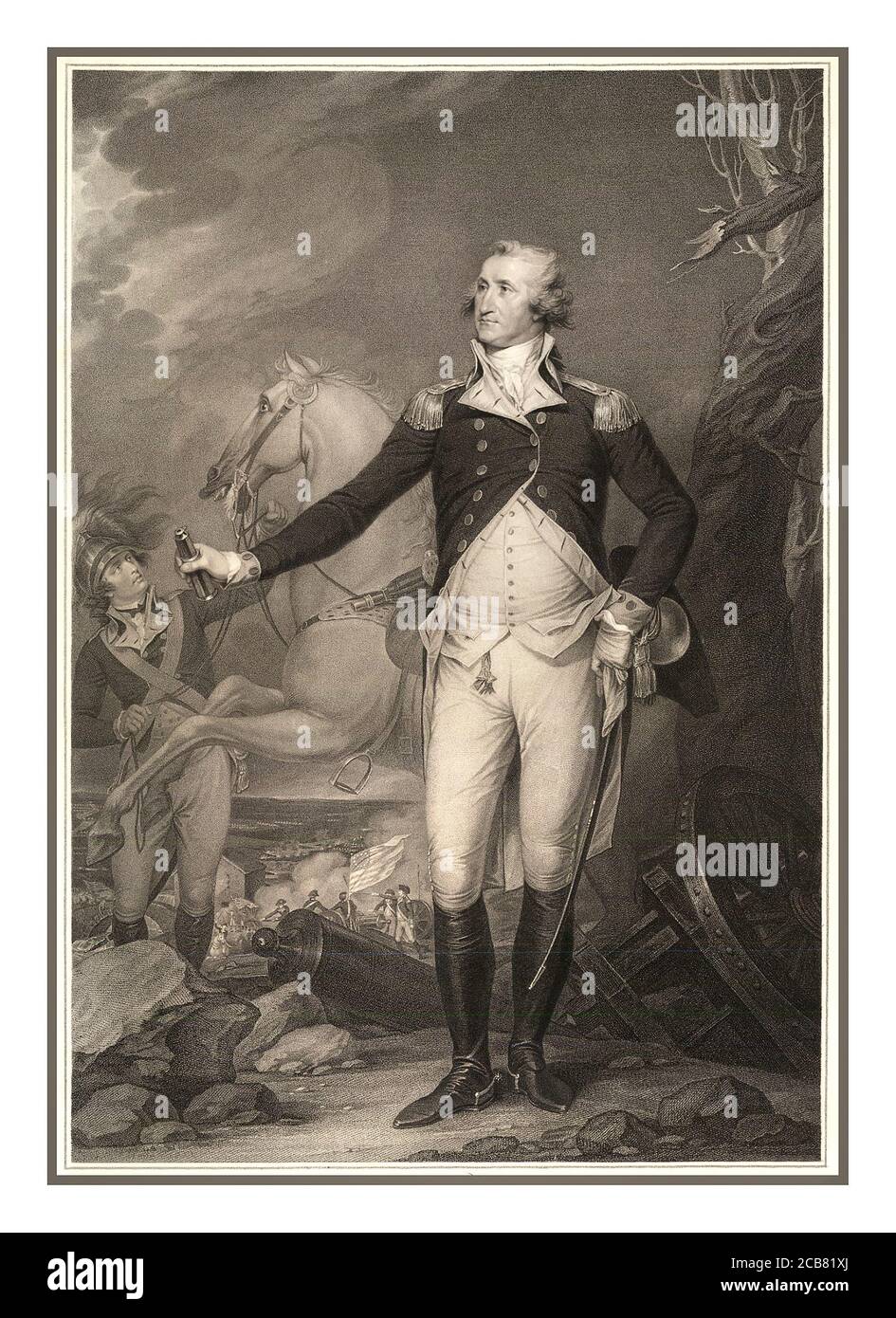 GEORGE WASHINGTON Vintage 1790's grabado litográfico retrato del General George Washington en uniforme en el campo de batalla en Trenton, grabado por John Cheesman y publicado por Antonio C. de Poggi en Londres, en 1796. Foto de stock