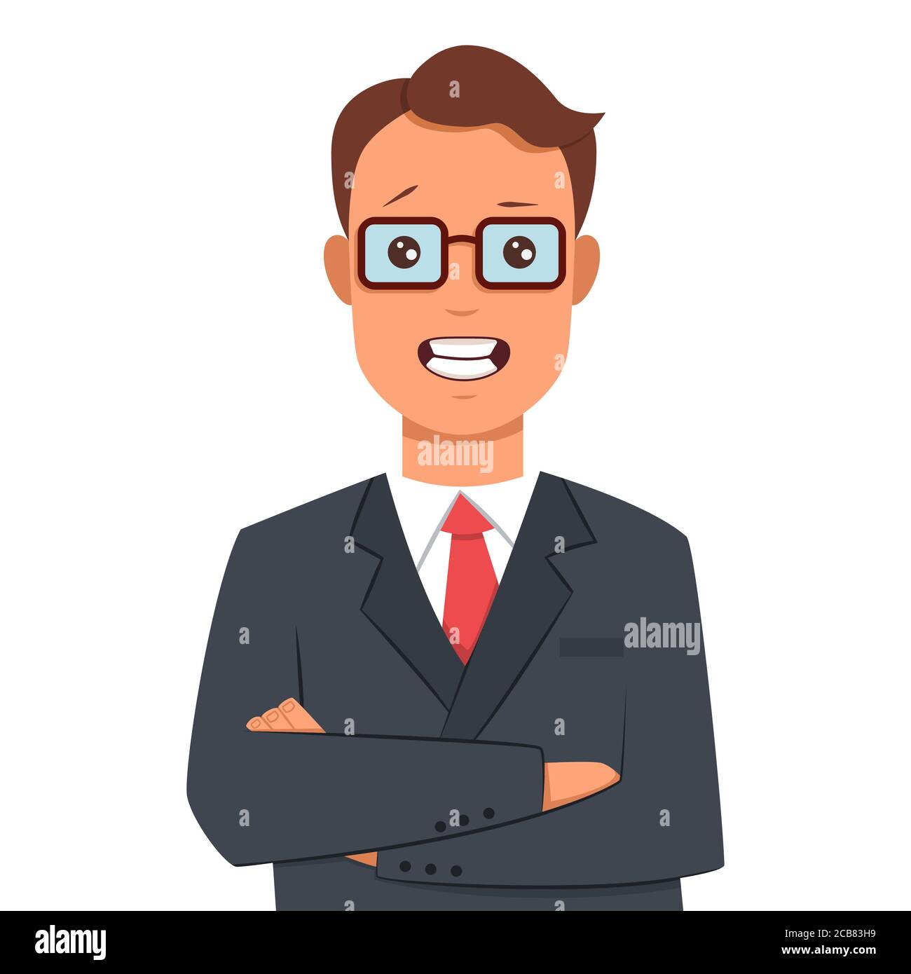 Hombre de negocios con los brazos cruzados en un traje de negocios. Personaje plano de dibujo vectorial aislado sobre fondo blanco. Ilustración del Vector