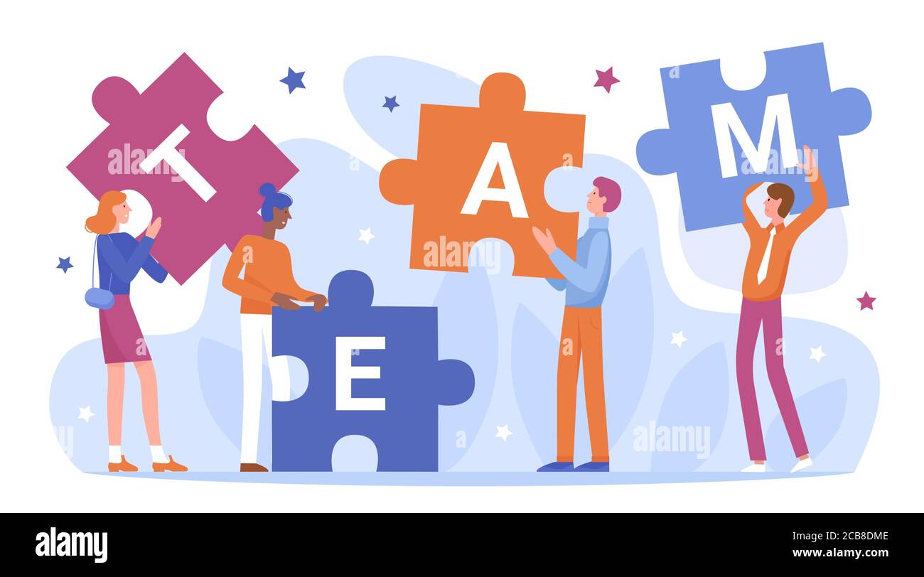 Trabajo en equipo de la gente de negocios conectar rompecabezas vector ilustración. Dibujos animados personajes de hombre de negocios planos sosteniendo y conectando piezas de rompecabezas, de pie junto a palabra de equipo, asociación aislada en blanco Ilustración del Vector