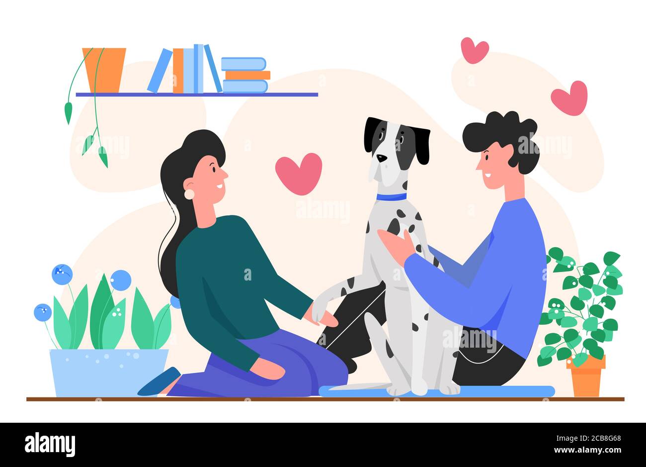 Dueño de la gente con ilustración de vector de perro. Dibujos animados plano feliz joven hombre mujer abrazos perrito, pareja de personajes pasar tiempo junto con su propio animal doméstico en el Dueño de la gente con ilustración de vector de perro. Dibujos animados plano feliz joven hombre mujer abrazos perrito, pareja de personajes pasar tiempo junto con su propio animal doméstico en el