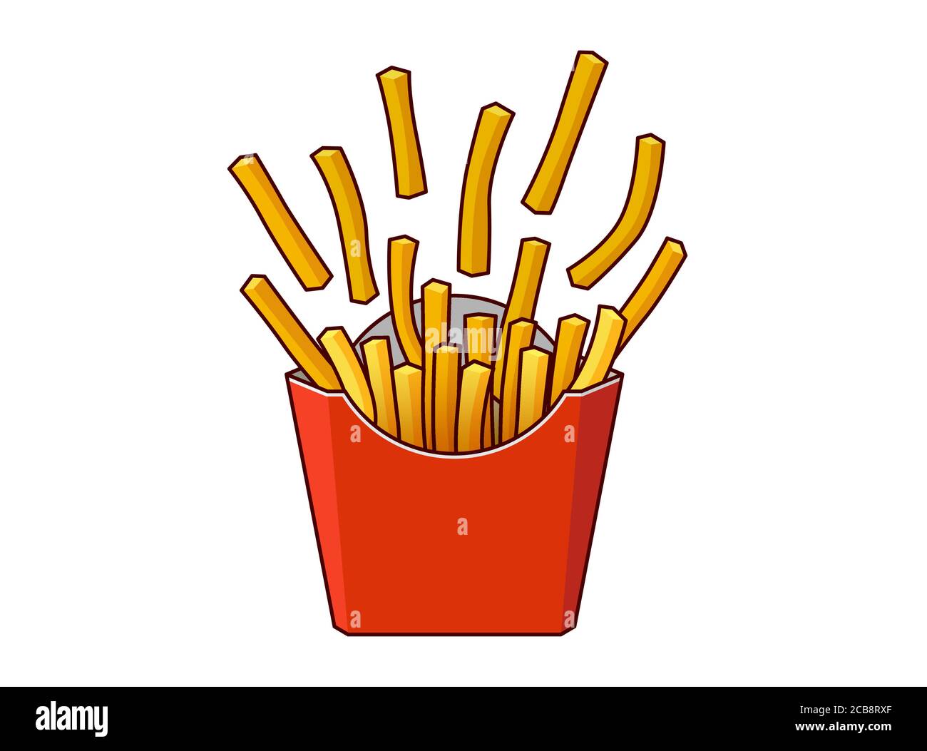 Patatas fritas esparcidas patatas crujientes sabrosa comida rápida de la calle en papel rojo caja de cartón. Vector plano ilustración con contorno aislado sobre fondo blanco Ilustración del Vector