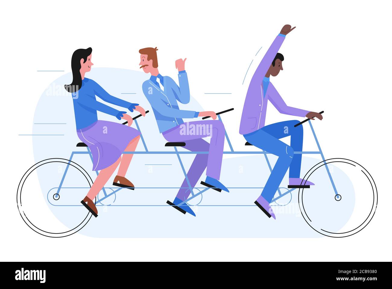 Grupo de gente de negocios de tres personas montando en bicicleta tándem.  Exitoso concepto de cooperación colectiva para hombres de negocios.  Ilustración de vector plano aislada. Trabajo en equipo, liderazgo y  colaboración,