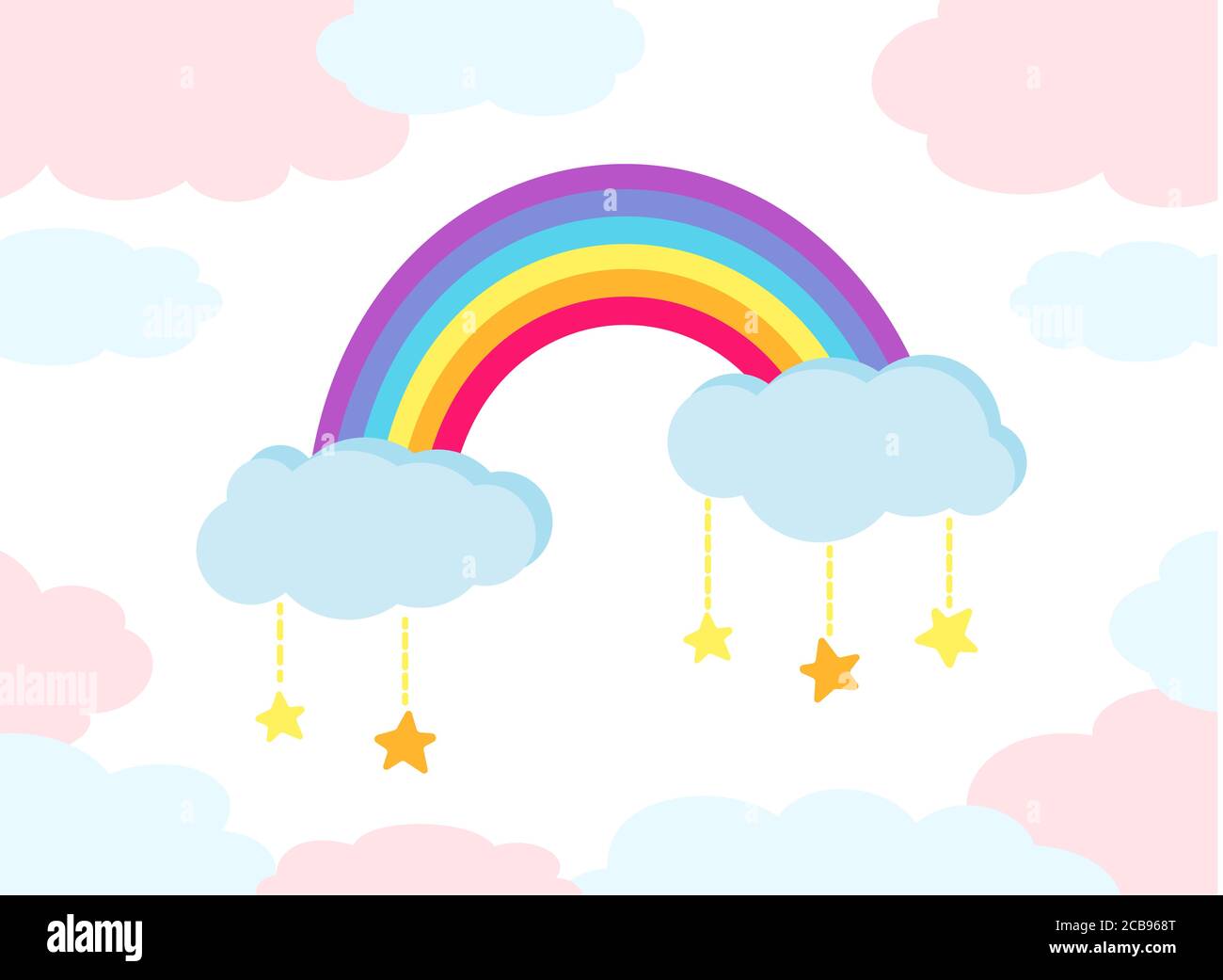 Arco iris con estrellas de color plano estilo dibujos animados, con nubes  abstractas. Bonita naturaleza brillante clima, elementos dibujados a mano  para los niños. Para impresión, tarjeta, tela o libro. Ilustración vectorial