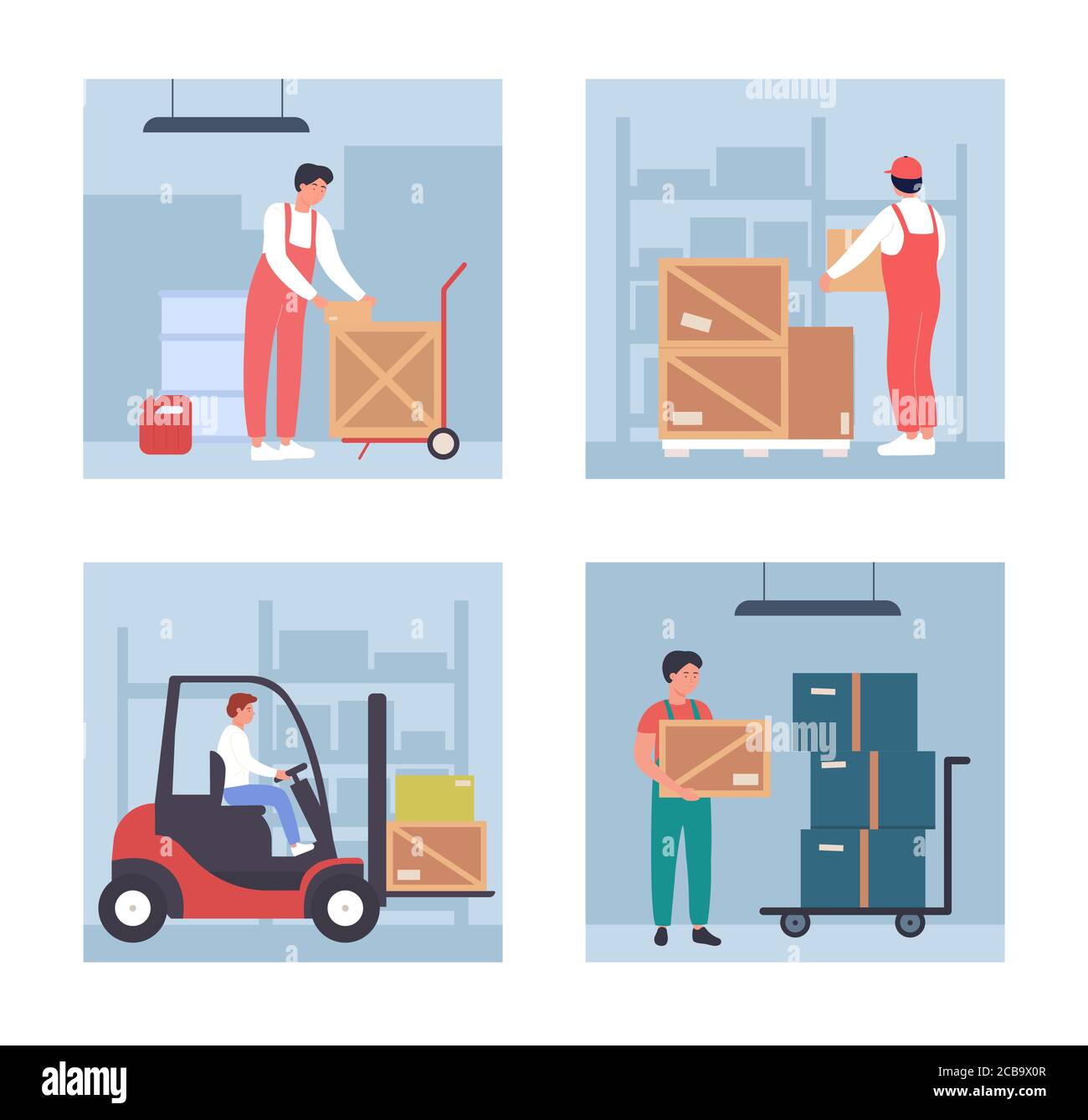 Juego de ilustraciones de vectores de trabajo de cargador de almacén.  Dibujos animados trabajadores planos que trabajan en cajas de carga con  carrito de mano o carretilla elevadora en almacén mayorista, proceso