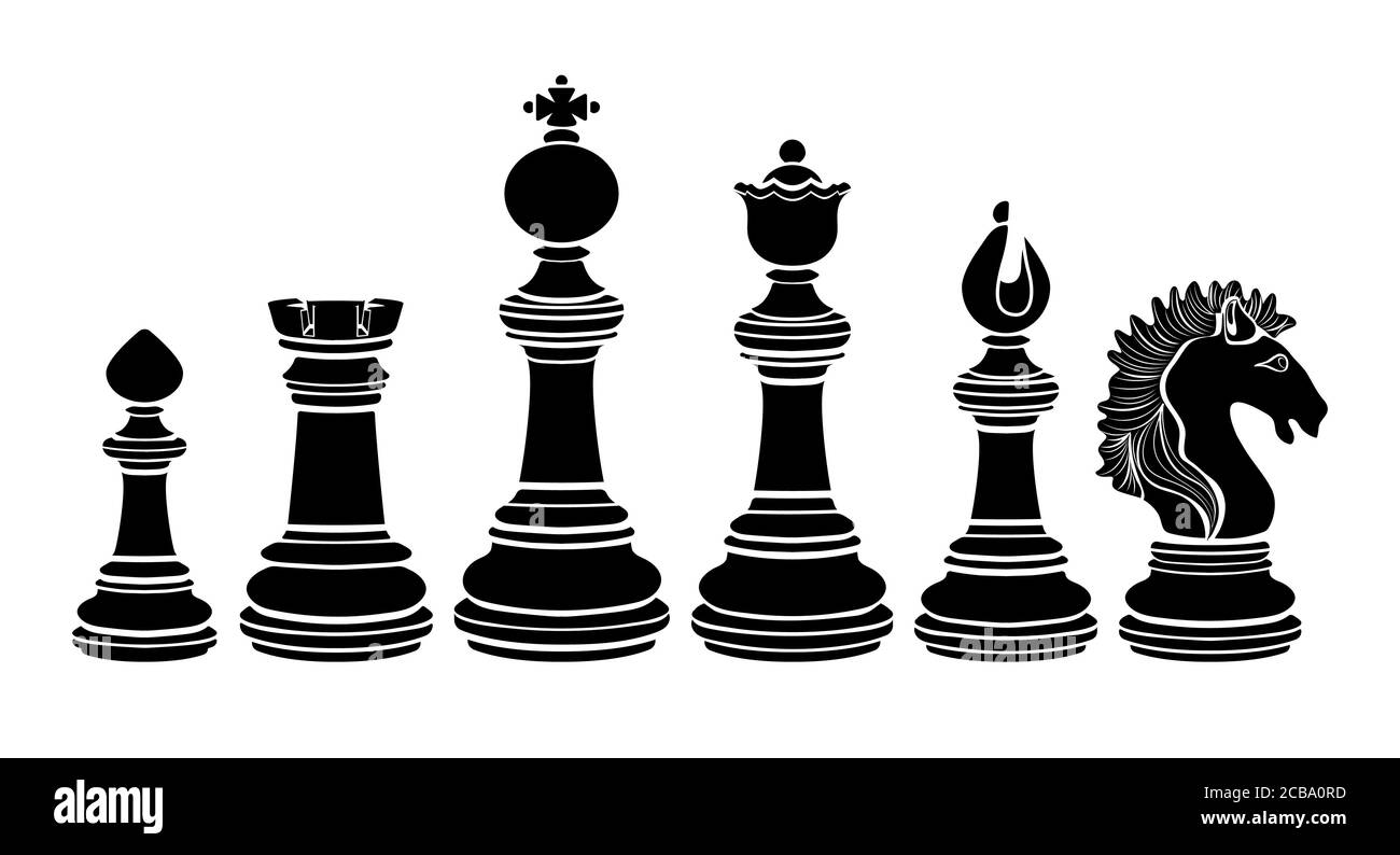 Conjunto de iconos de ajedrez, silueta de línea de ajedrez, logo del juego, dibujo plano. Figurillas para el juego intelectual, peón de pieza, rey, reina, obispo, caballero, rook, es Ilustración del Vector