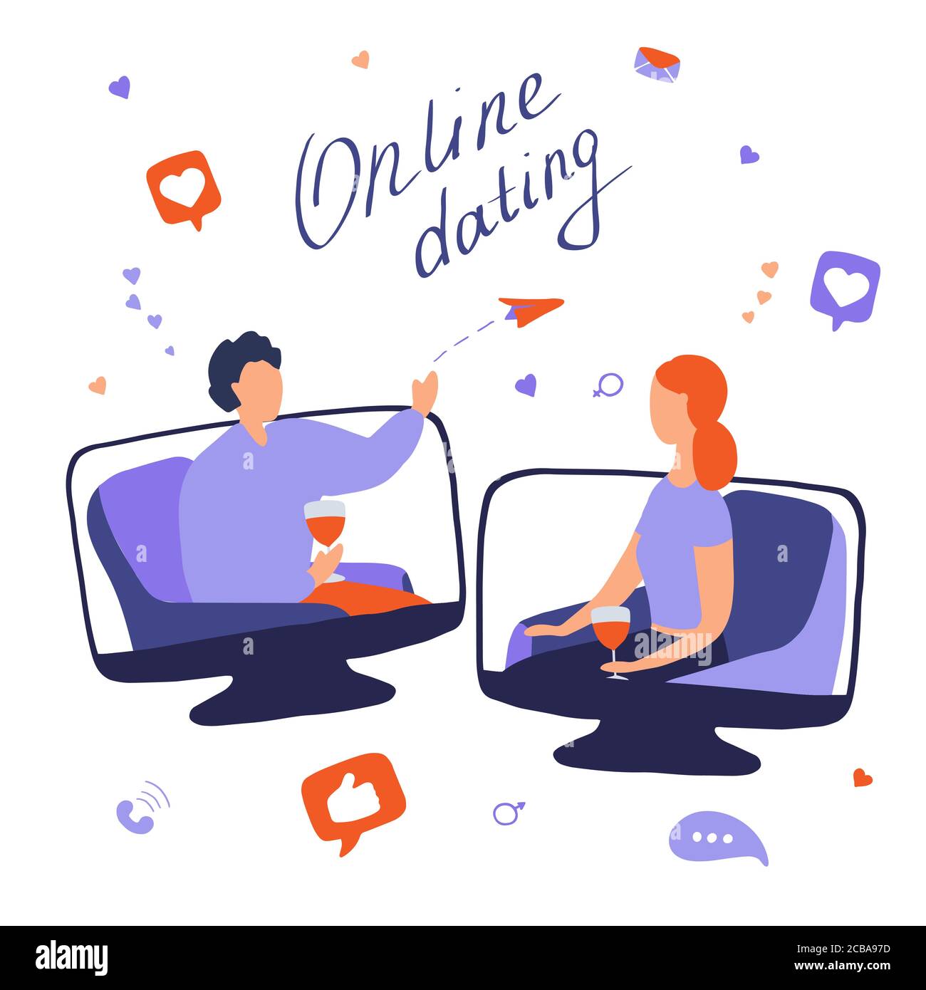 Concepto de citas en línea. Mujer joven y hombre hablando en línea. Pareja se reunió en el sitio de citas y comunicarse en Internet. Relaciones de larga distancia Ilustración del Vector