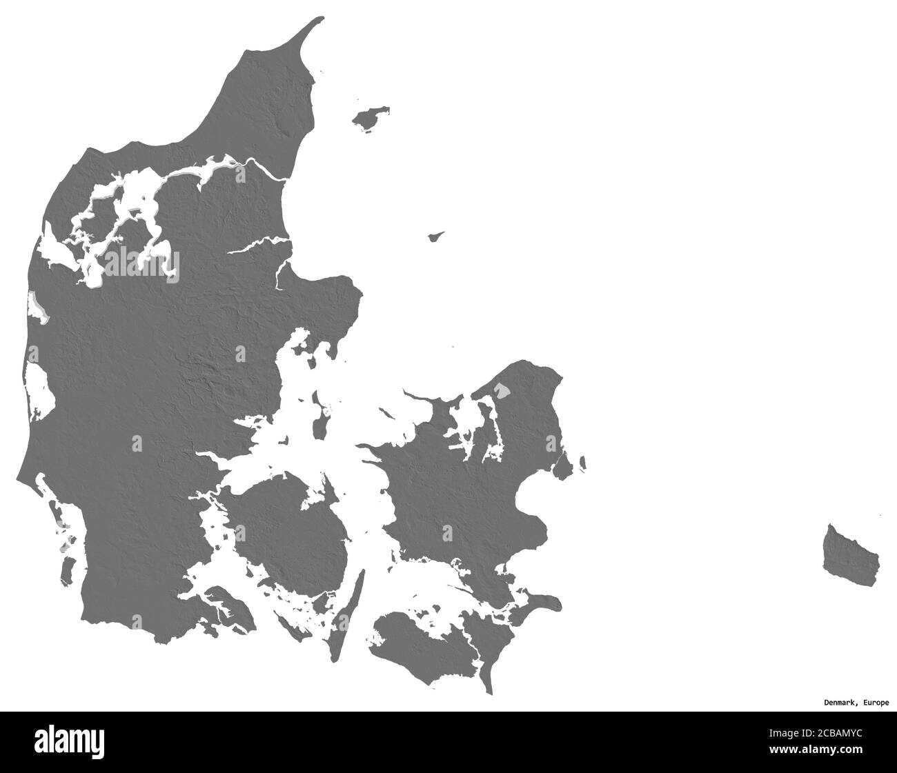 Forma de Dinamarca con su capital aislada sobre fondo blanco. Mapa de elevación en dos niveles. Renderizado en 3D Foto de stock