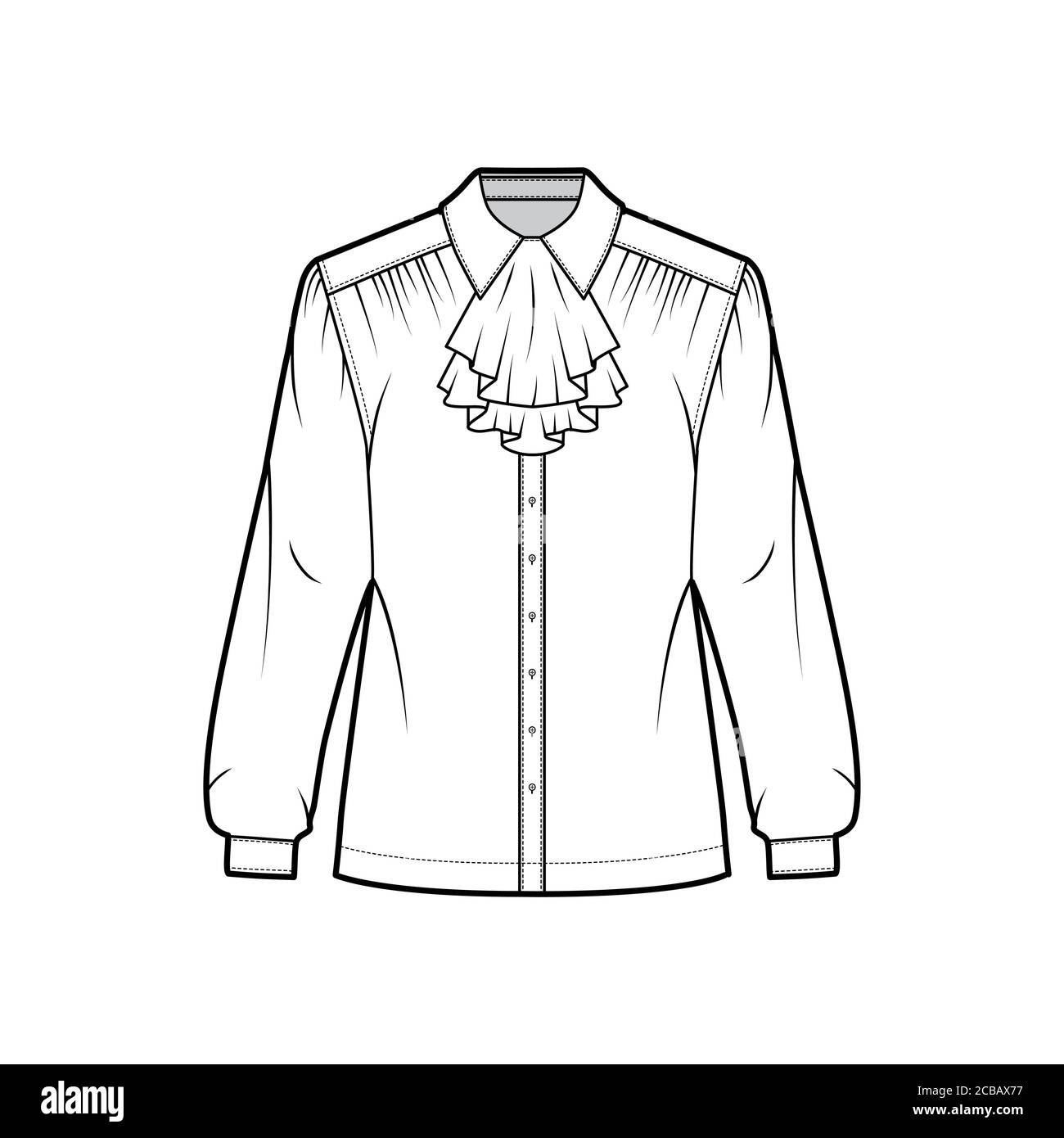 Jabot camisa técnica ilustración de moda con manga larga con puño, volantes  a lo largo del cuello clásico, botones en la parte delantera. Ropa plana  blusa plantilla frontal, color blanco. Mujeres hombres