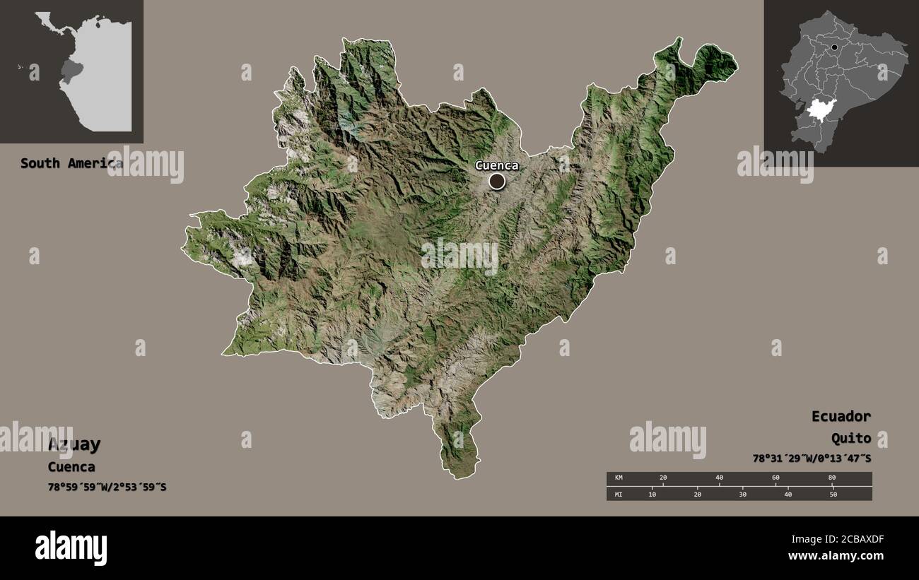 Forma de Azuay, provincia de Ecuador, y su capital. Escala de distancia,  vistas previas y etiquetas. Imágenes por satélite. Renderizado en 3D  Fotografía de stock - Alamy