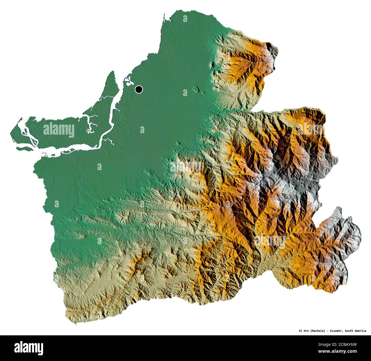 Forma de el Oro, provincia de Ecuador, con su capital aislada sobre fondo blanco. Mapa topográfico de relieve. Renderizado en 3D Foto de stock
